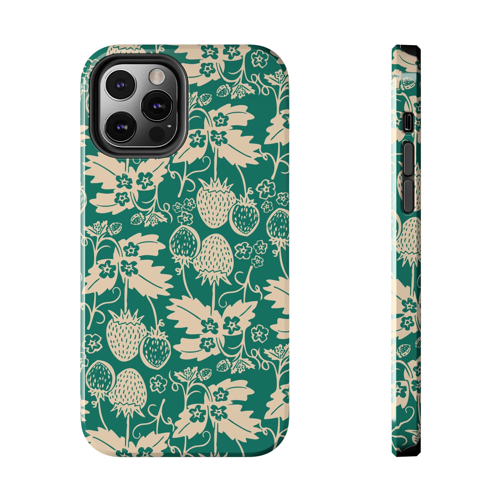 Floral Strawberry Tough Phone Case — Vintage Green Botanical Protection
