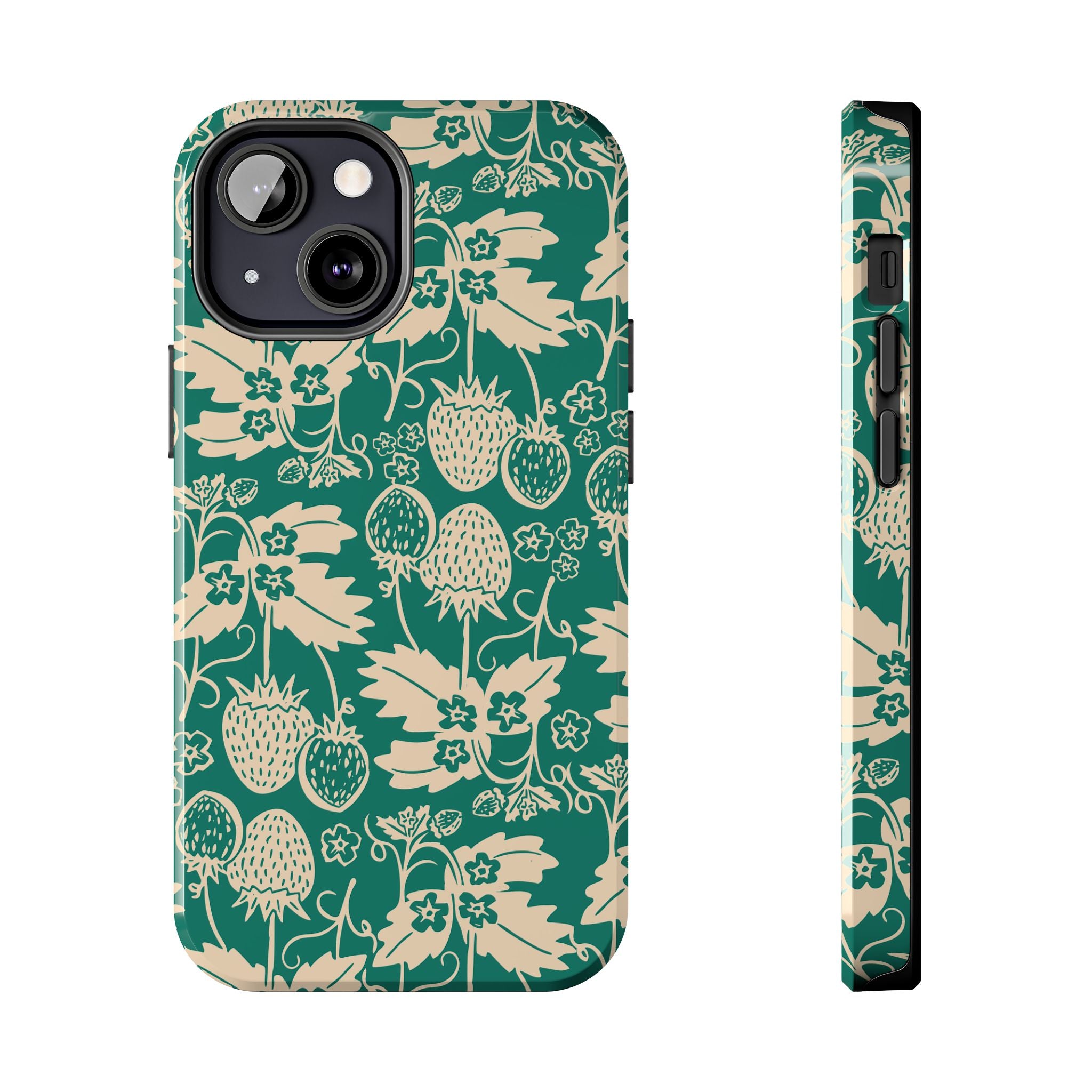 Floral Strawberry Tough Phone Case — Vintage Green Botanical Protection