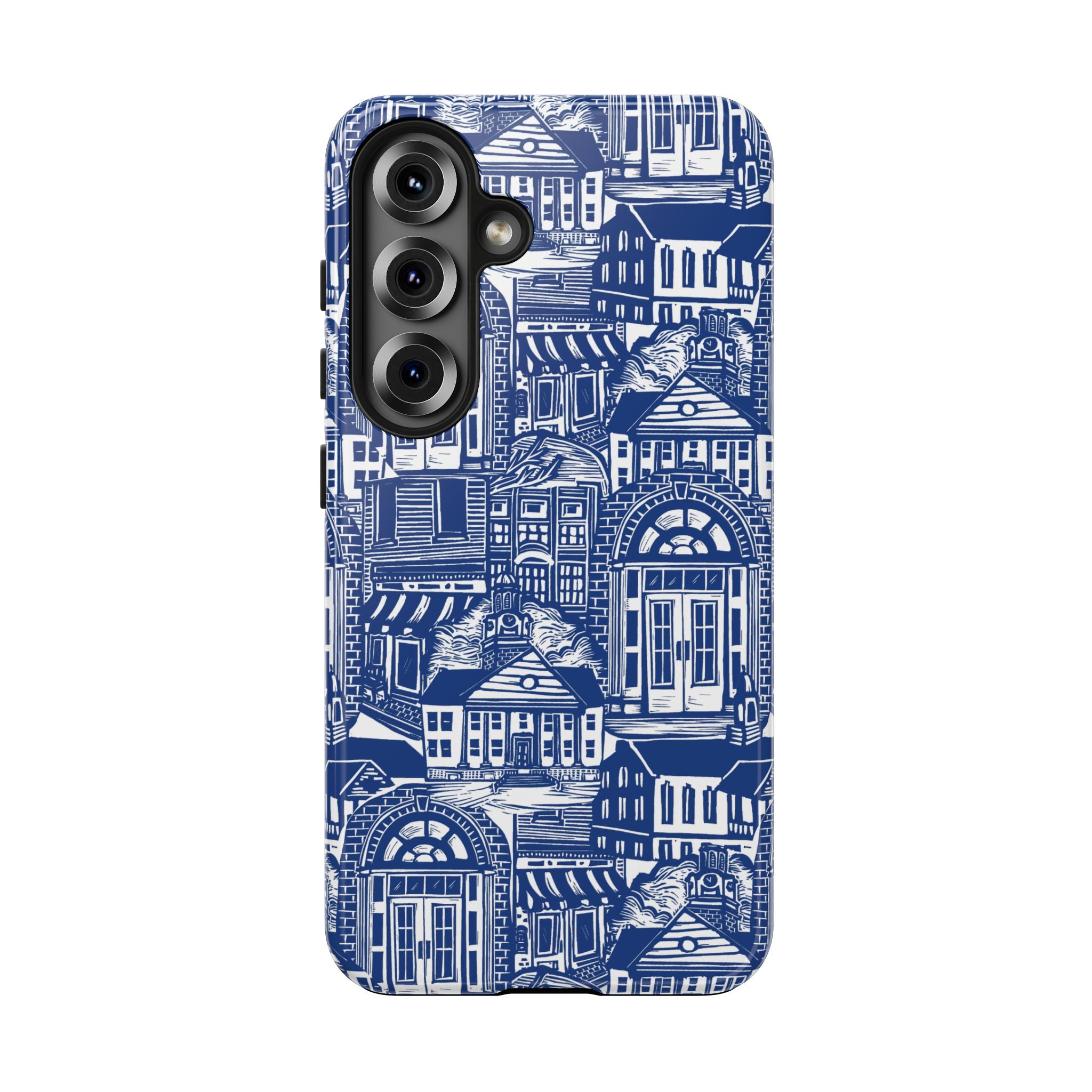 Doorway Cottage Pattern Tough Phone Case — Blue Architectural Houses Protective Cover