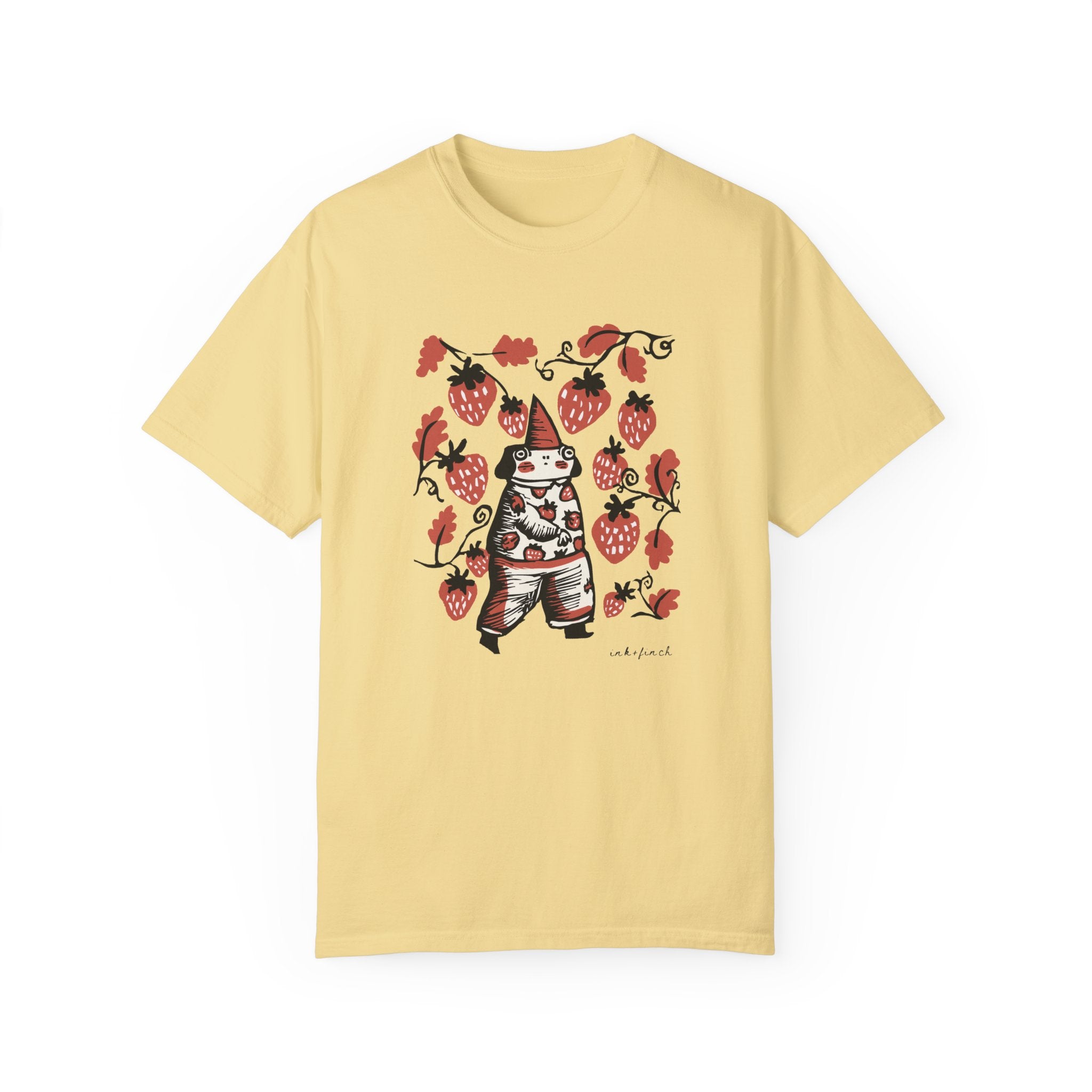 Cute Frog Gnome and Strawberry Graphic T-Shirt - Funny Goblincore Summer Tshirt