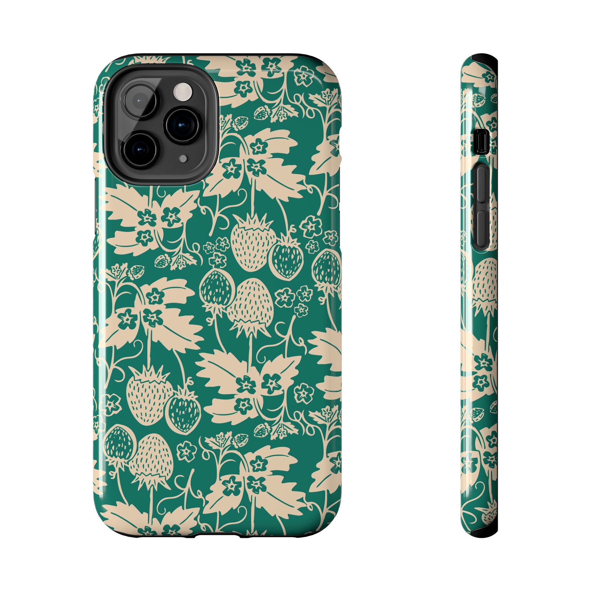 Floral Strawberry Tough Phone Case — Vintage Green Botanical Protection