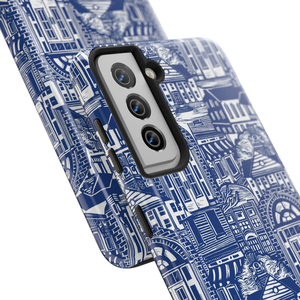 Doorway Cottage Pattern Tough Phone Case — Blue Architectural Houses Protective Cover