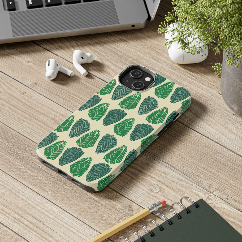 Leaf Pattern Tough Phone Case — Green Botanical Protective Phone Cover