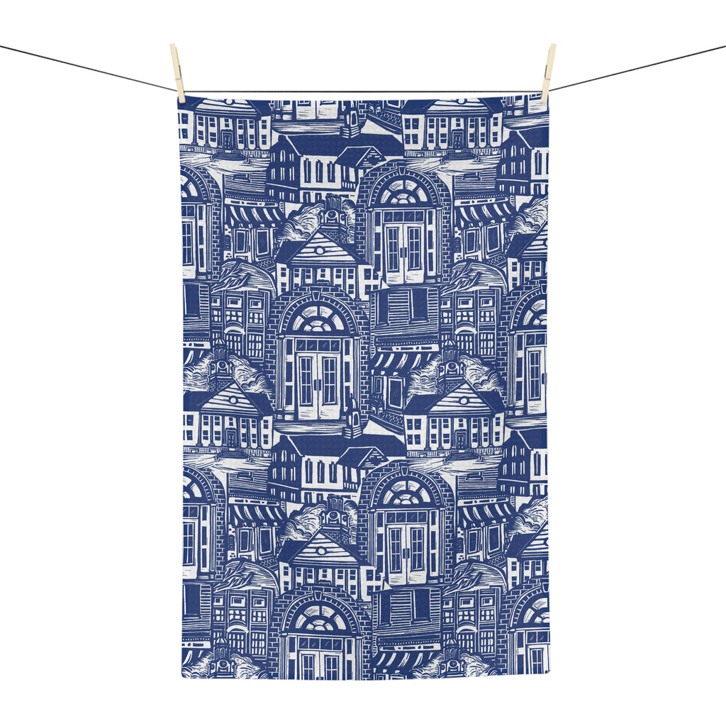 Blue Cottage Pattern Microfiber Tea Towel — Vintage Coastal House Design