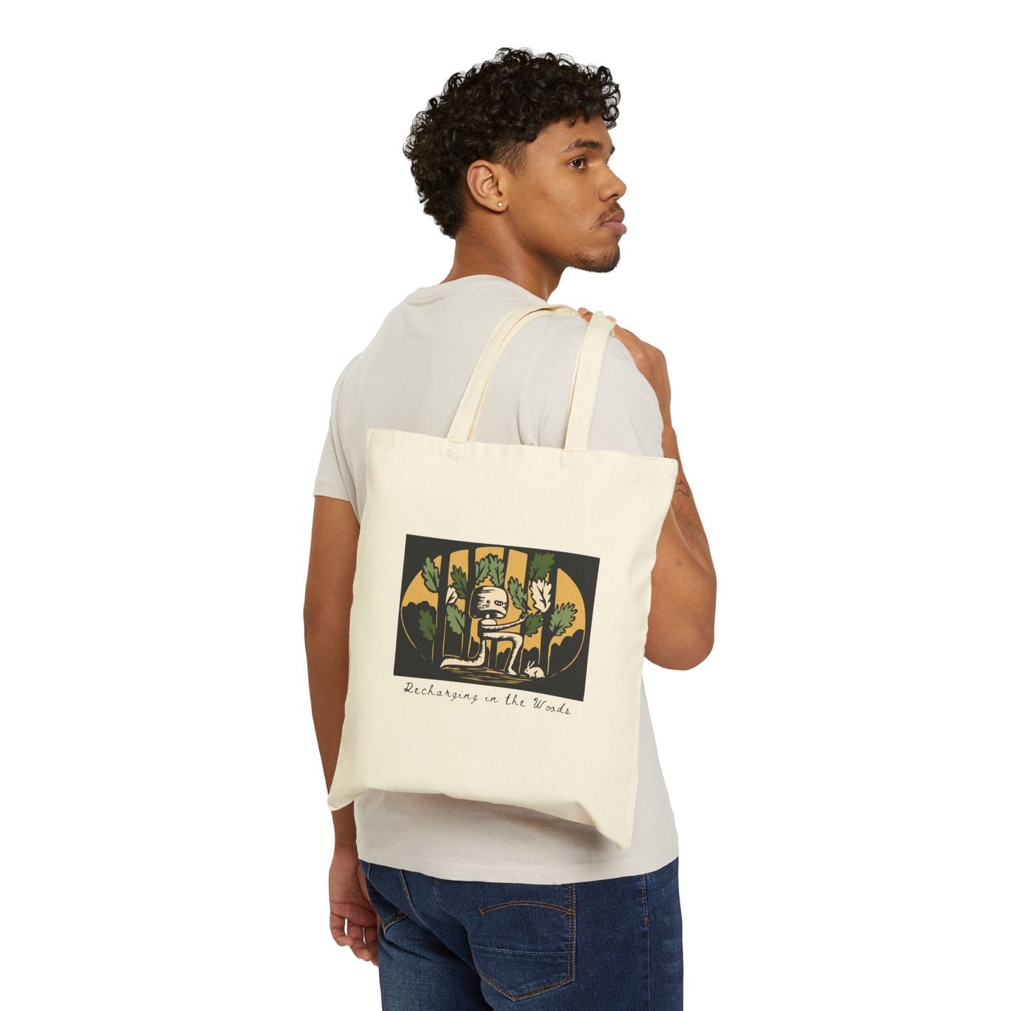 Cute Forest Robot Folk Art Tote Bag -  Whimsical Fantasy Forestcore Bag - Reboot - Recharging in the Woods