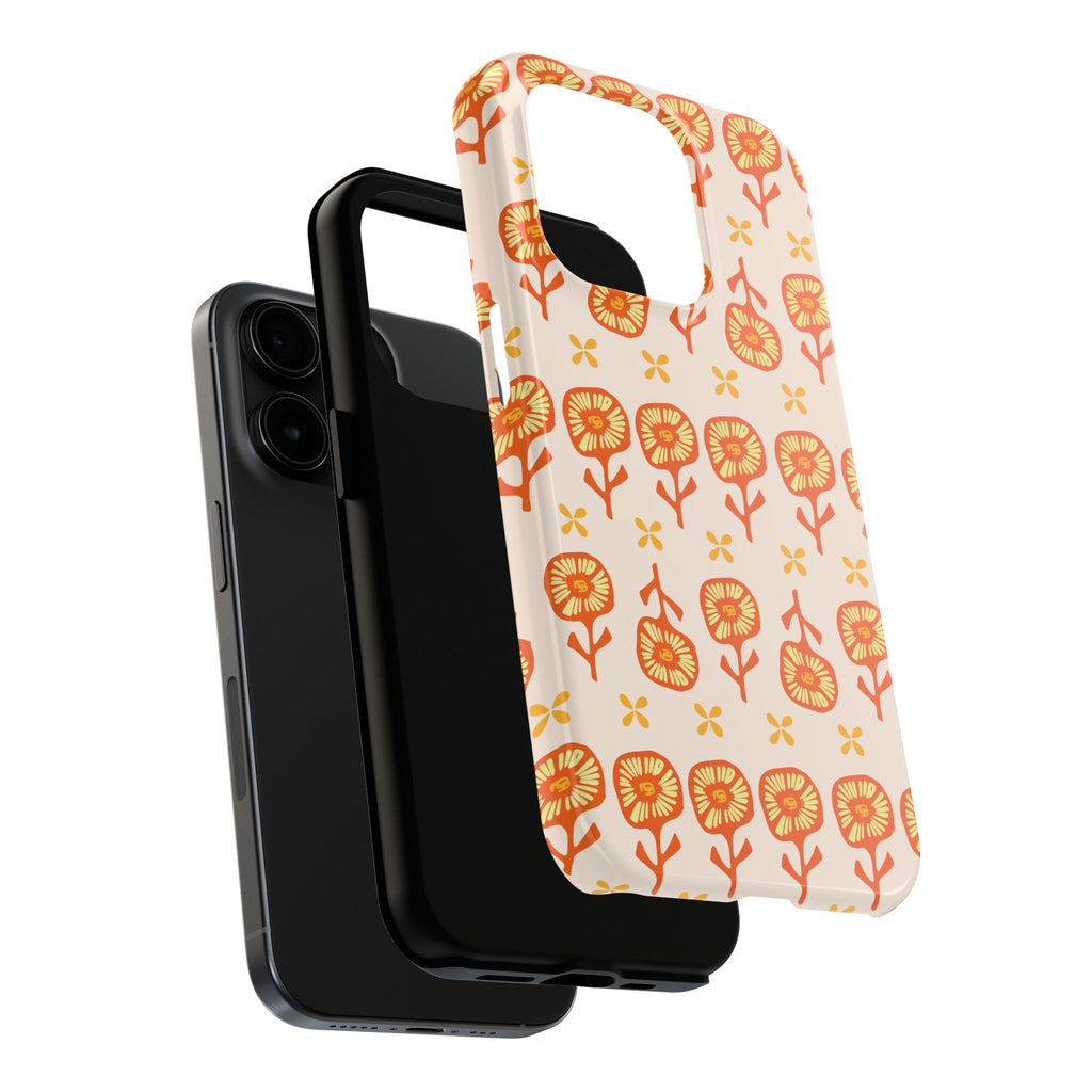Retro Orange Floral Tough Phone Case — Durable Protective Phone Cover