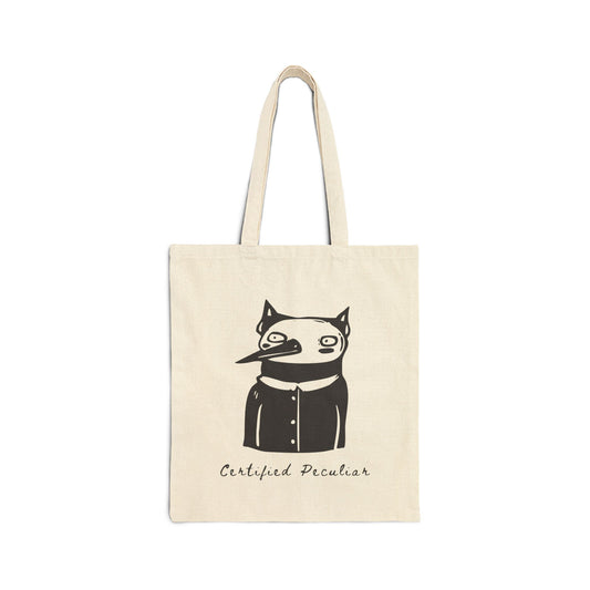 Certified Peculiar Funny Cat Bird Cotton Canvas Tote Bag - Eco-Friendly Shopping & Everyday Use - Folky Quirky Tote Bags