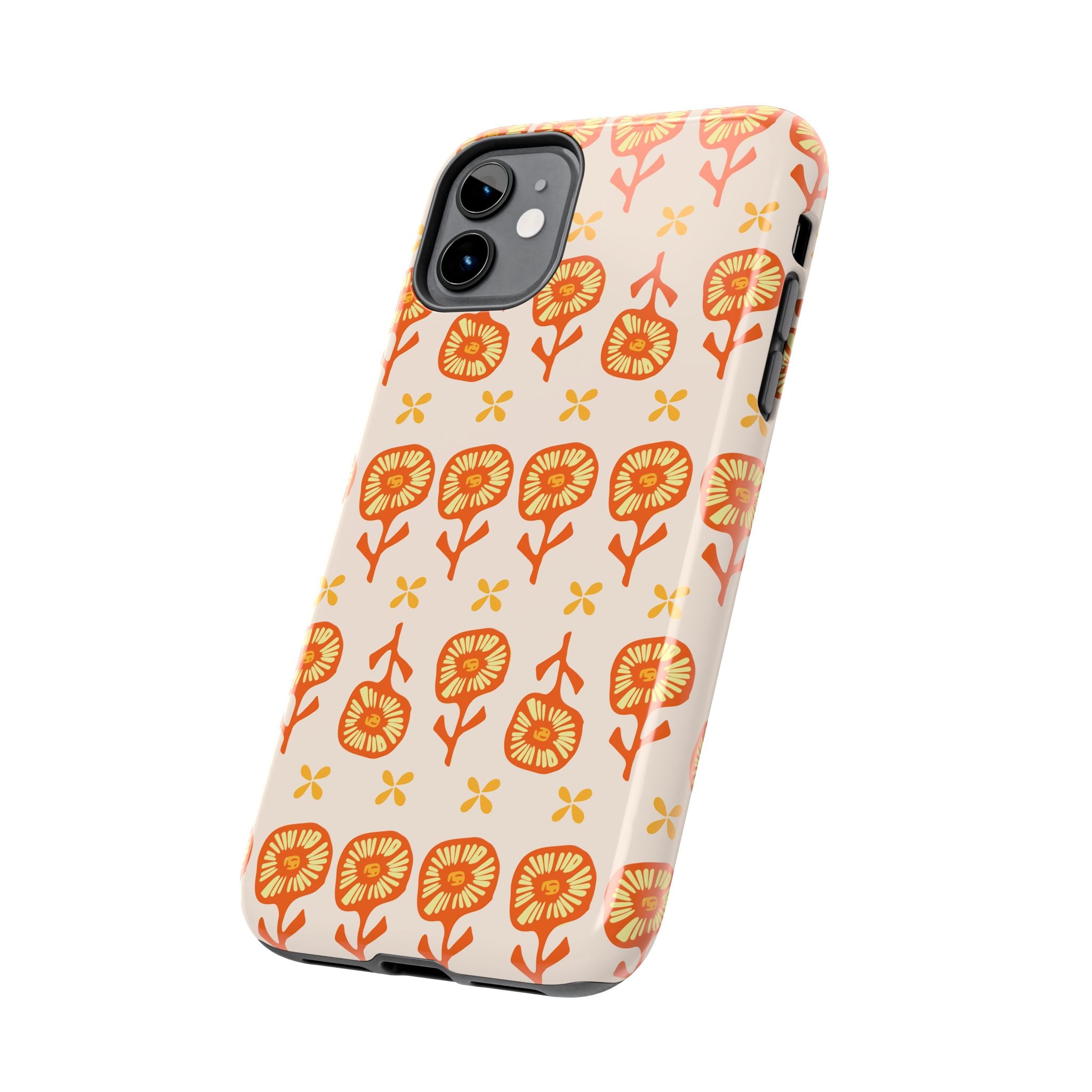 Retro Orange Floral Tough Phone Case — Durable Protective Phone Cover