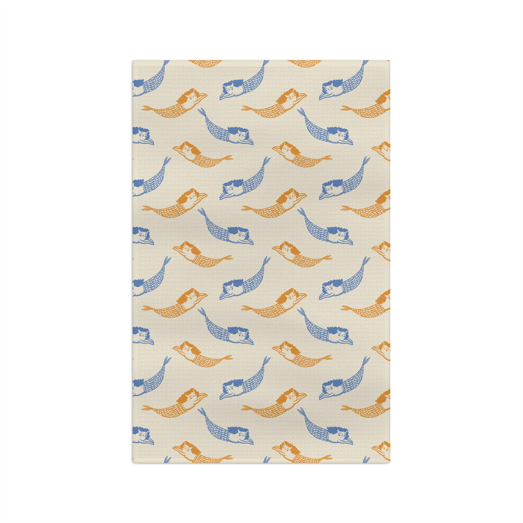 Mermaid Pattern Microfiber Tea Towel — Blue & Amber Nautical Kitchen Towel