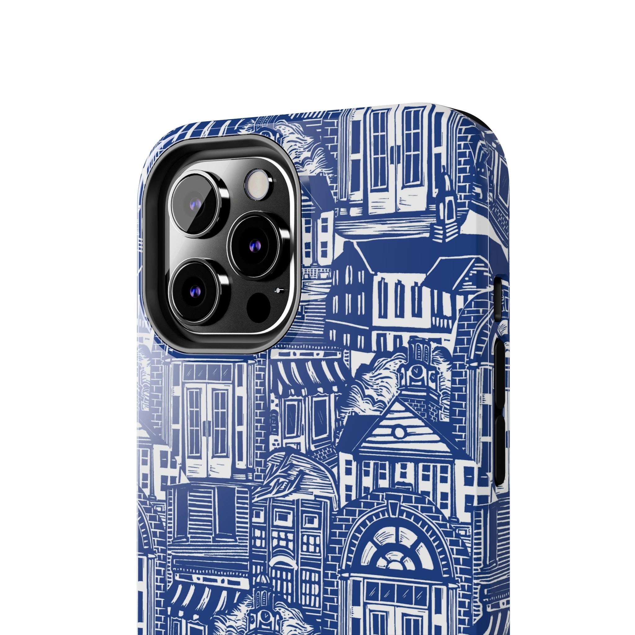 Doorway Cottage Pattern Tough Phone Case — Blue Architectural Houses Protective Cover