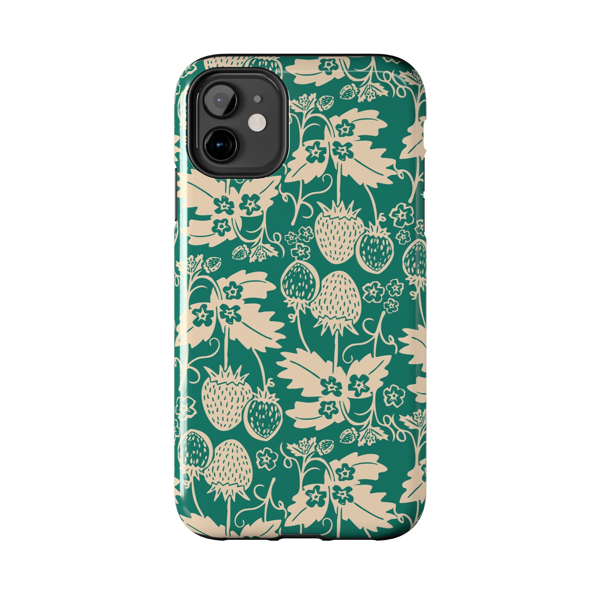 Floral Strawberry Tough Phone Case — Vintage Green Botanical Protection