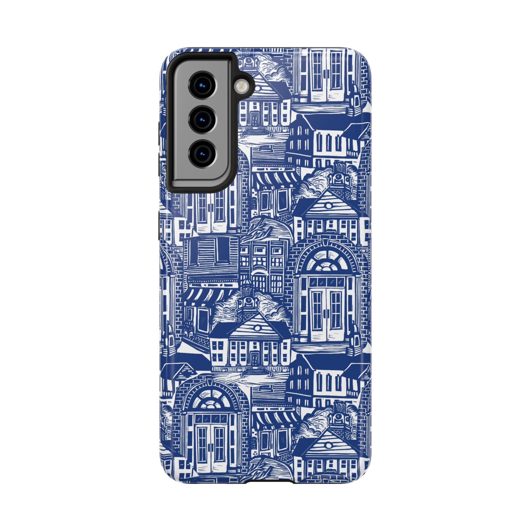 Doorway Cottage Pattern Tough Phone Case — Blue Architectural Houses Protective Cover