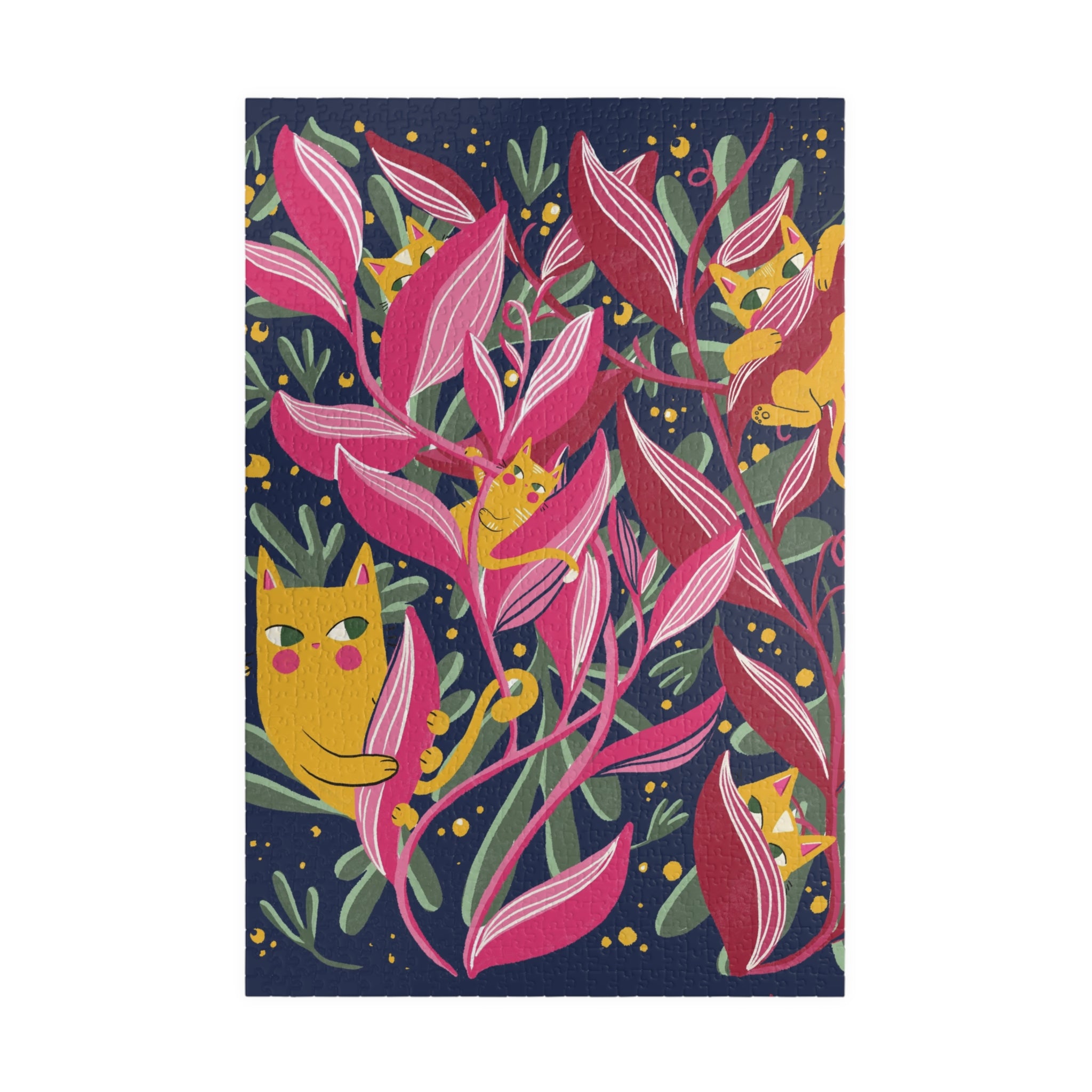 Floral Cats Jigsaw Puzzle — Vibrant Pink Leaves & Hidden Kittens (110–1014 pcs)