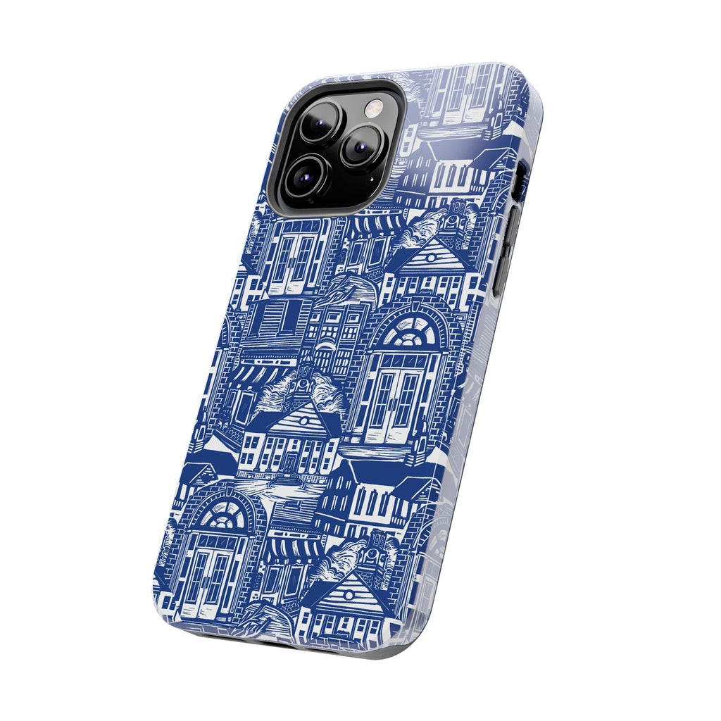 Doorway Cottage Pattern Tough Phone Case — Blue Architectural Houses Protective Cover