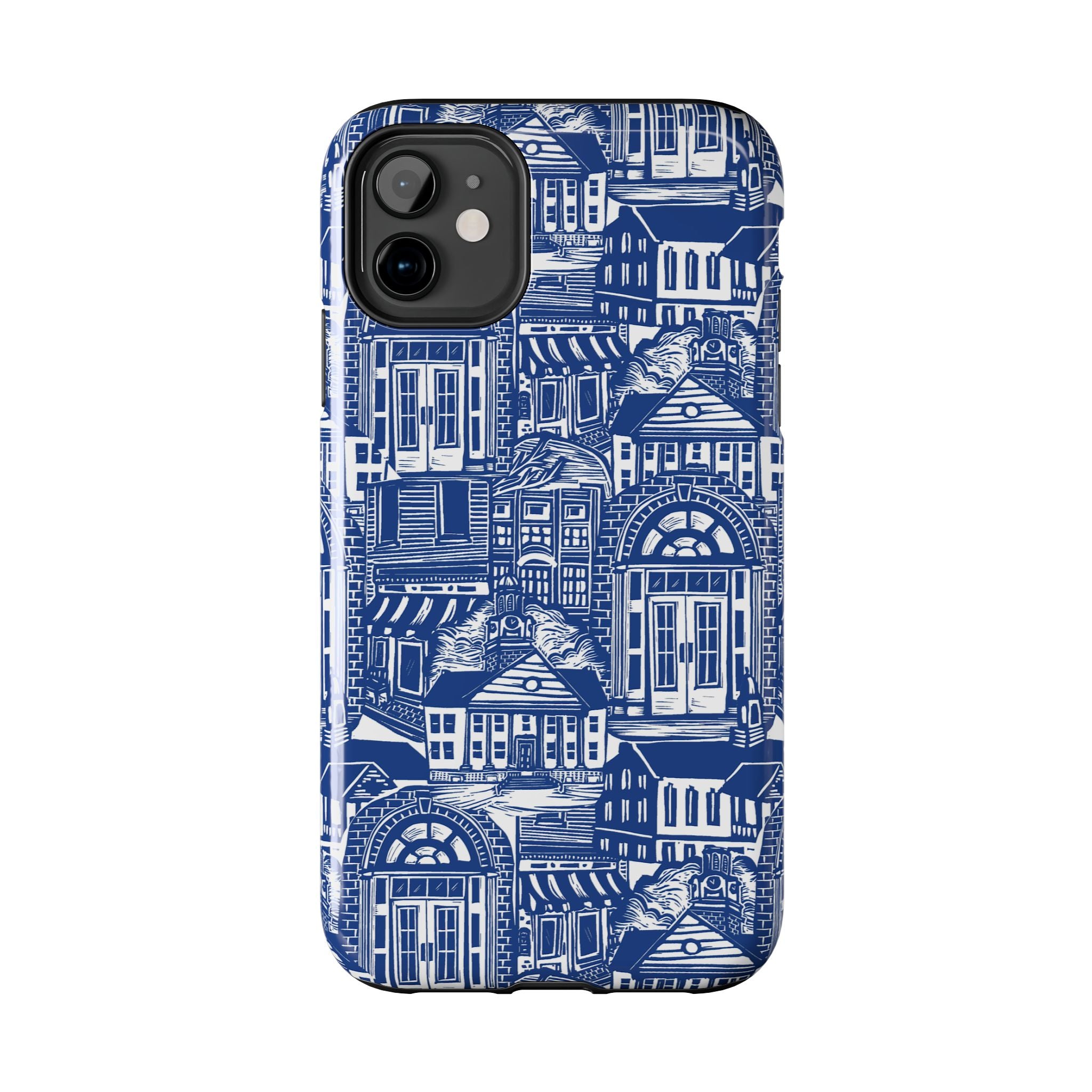 Doorway Cottage Pattern Tough Phone Case — Blue Architectural Houses Protective Cover