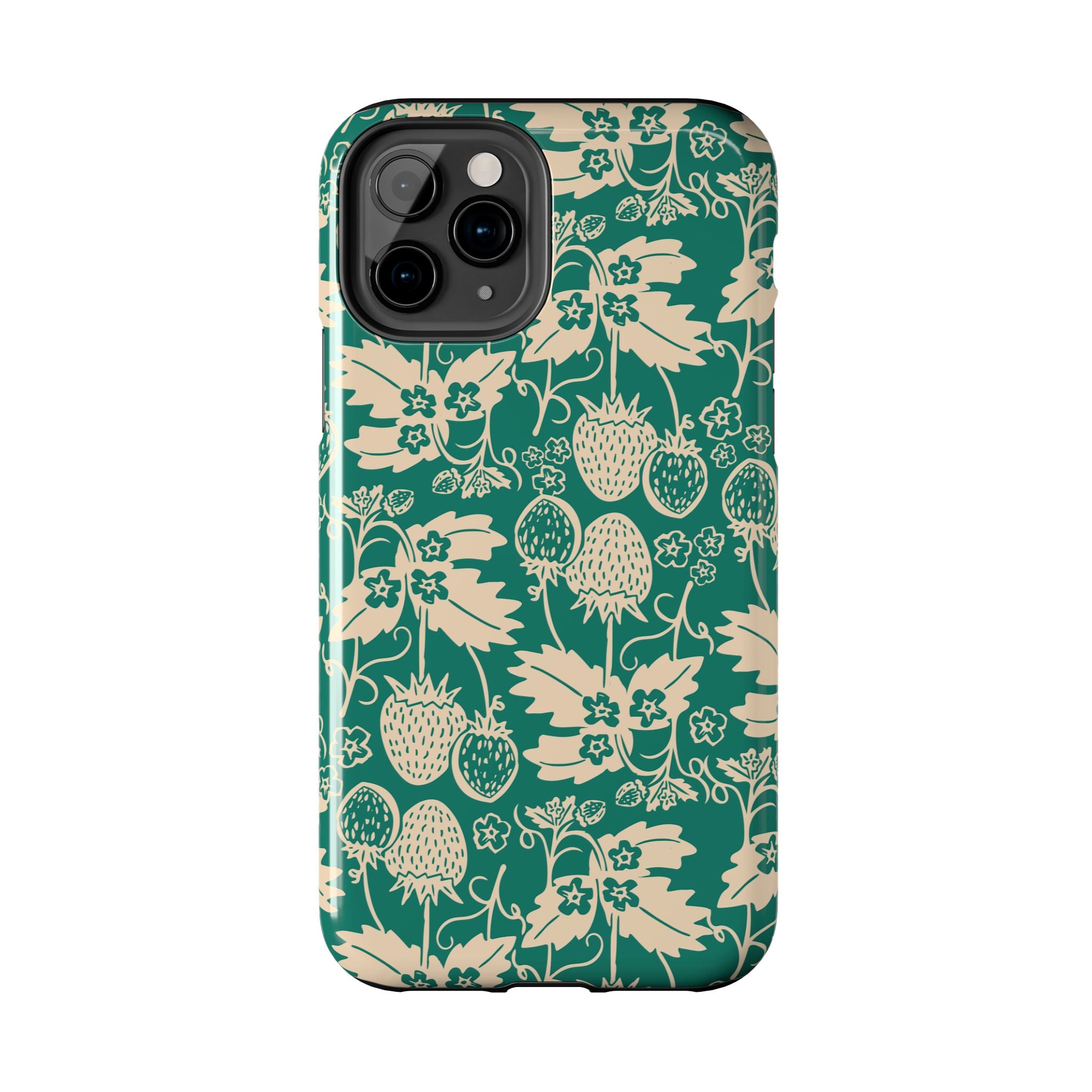 Floral Strawberry Tough Phone Case — Vintage Green Botanical Protection