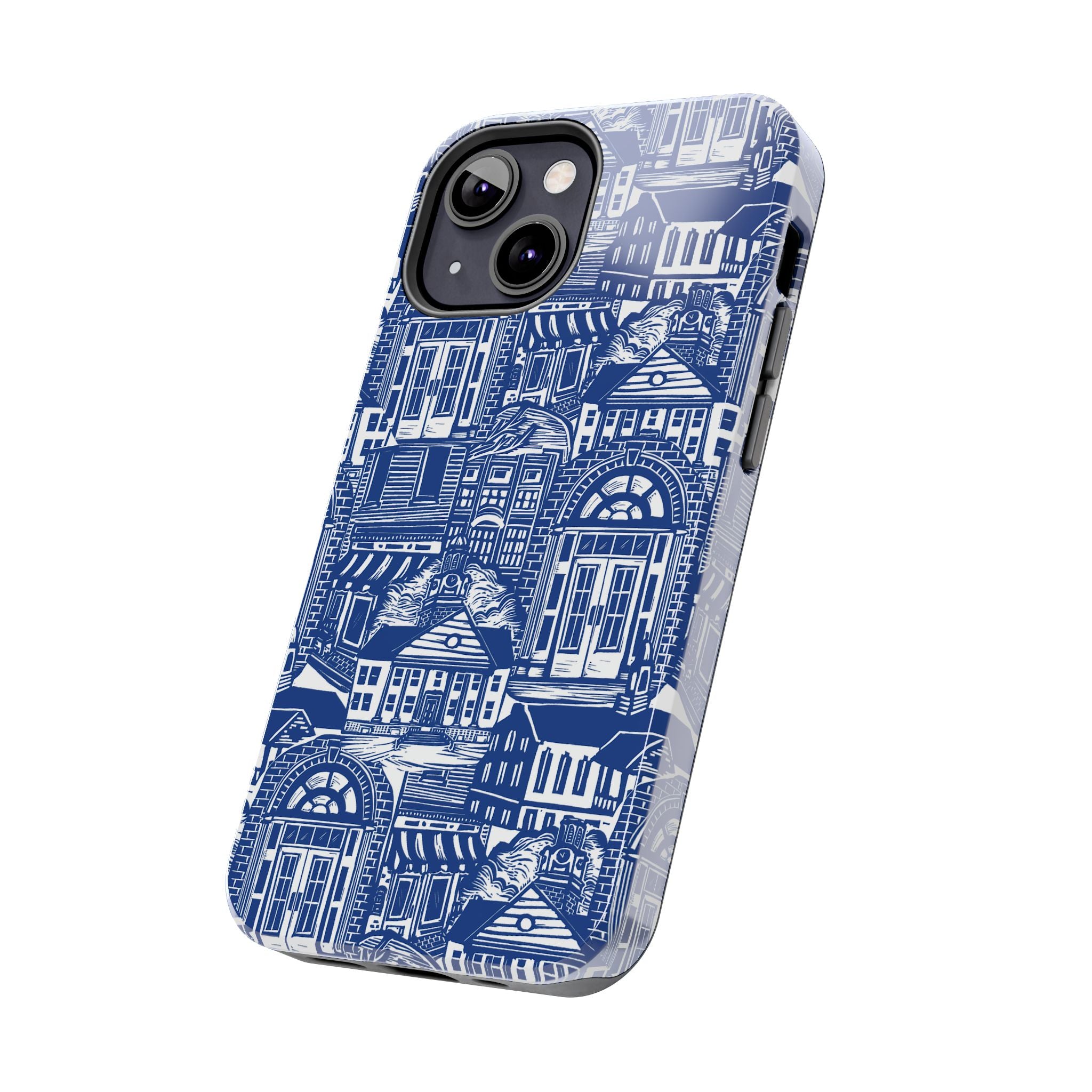 Doorway Cottage Pattern Tough Phone Case — Blue Architectural Houses Protective Cover