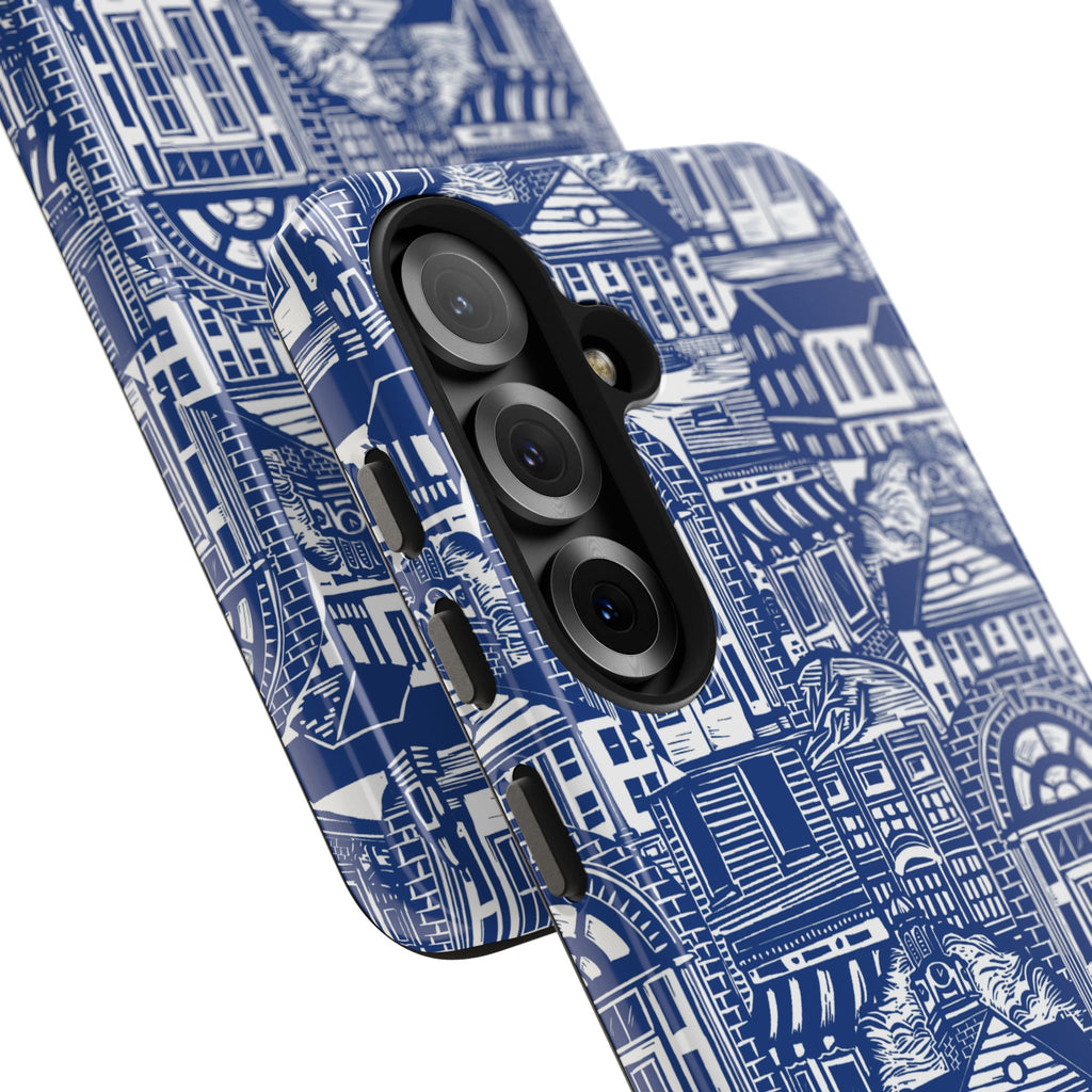 Doorway Cottage Pattern Tough Phone Case — Blue Architectural Houses Protective Cover