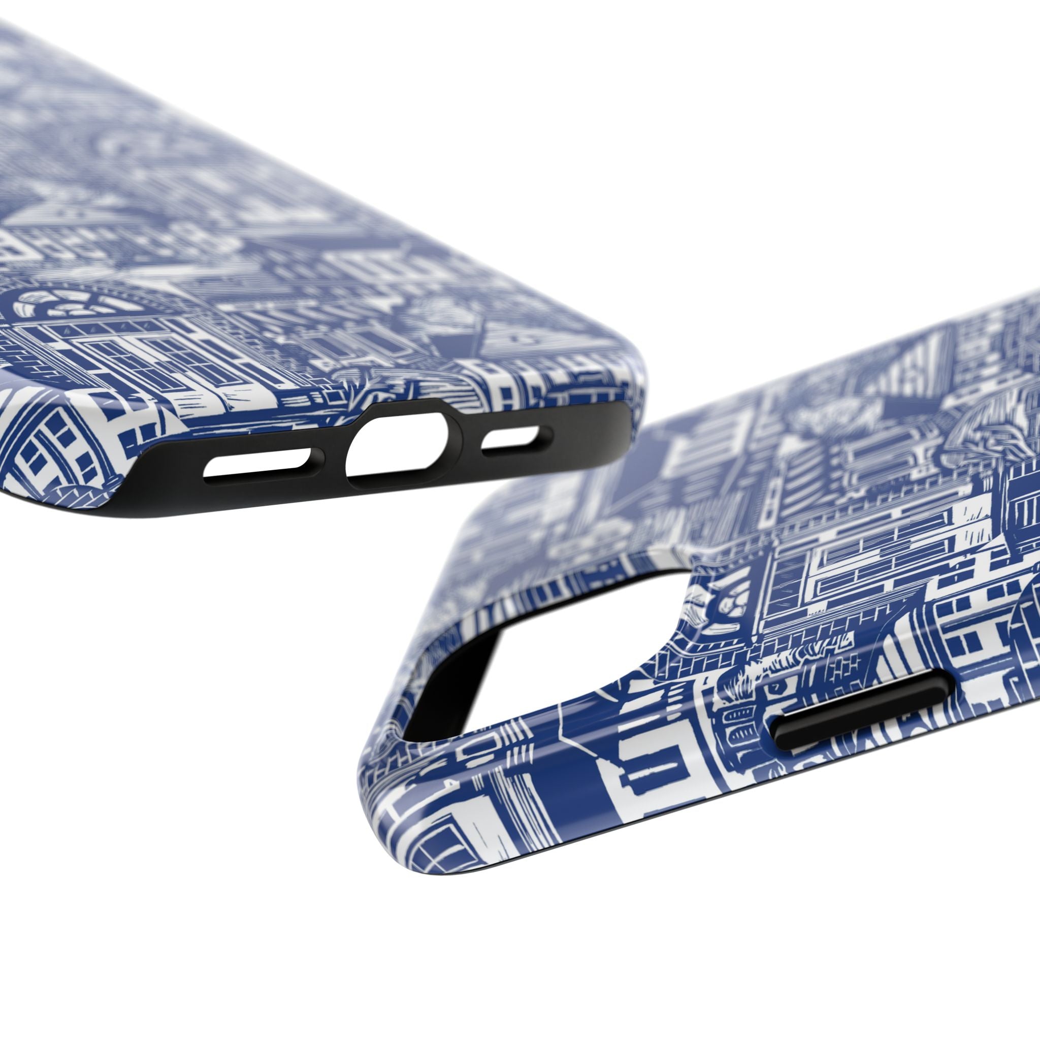 Doorway Cottage Pattern Tough Phone Case — Blue Architectural Houses Protective Cover