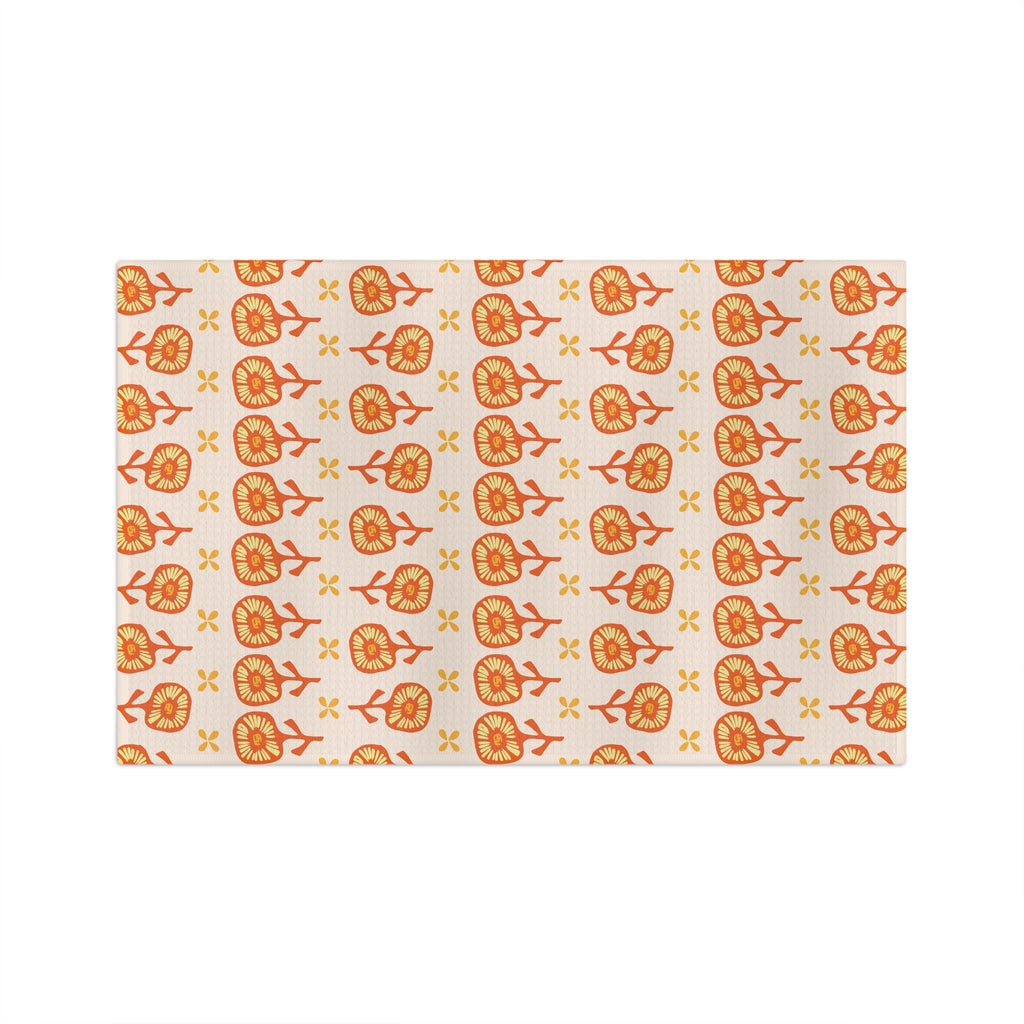 Orange Floral Pattern Tea Towel — Retro Botanical Microfiber Kitchen Towel