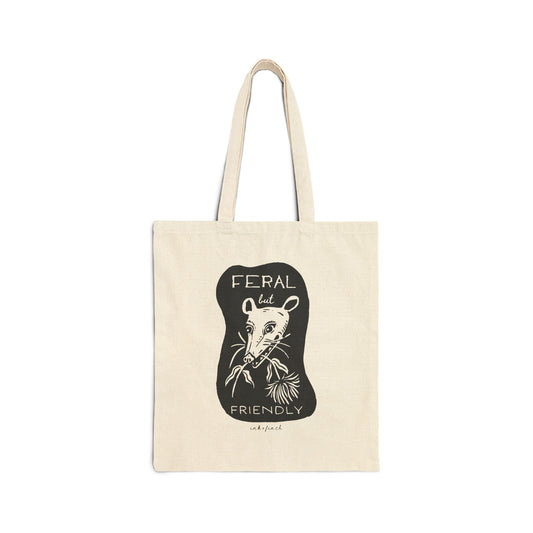 Graphic Cotton Canvas Tote Bag - Feral but Friendly Opossum Design for Feral Girl Summer - Funny Tote Bags