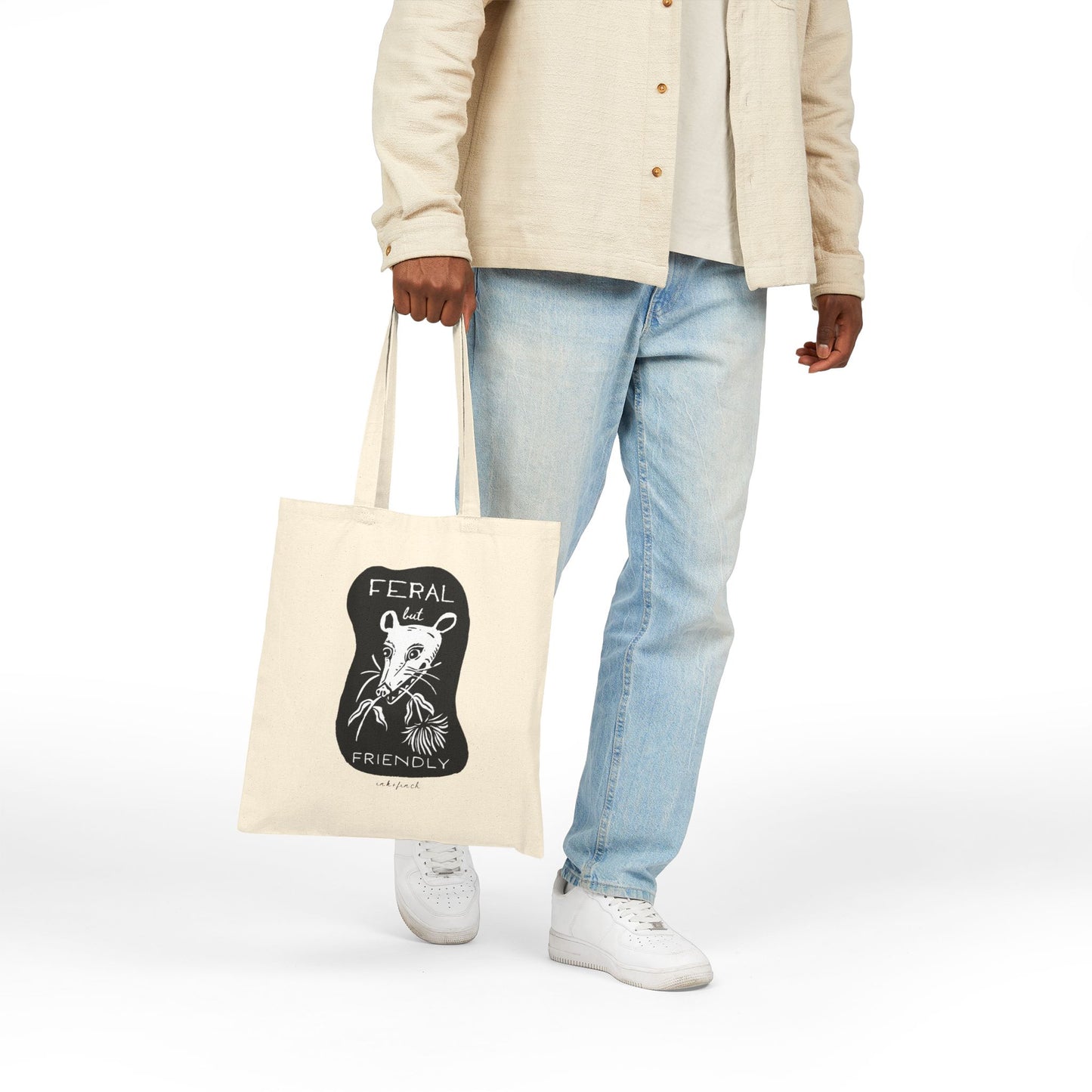 Graphic Cotton Canvas Tote Bag - Feral but Friendly Opossum Design for Feral Girl Summer - Funny Tote Bags