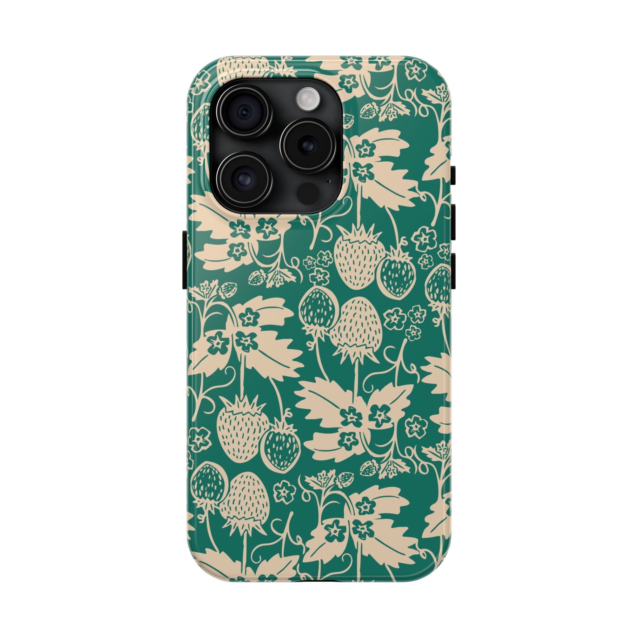 Floral Strawberry Tough Phone Case — Vintage Green Botanical Protection
