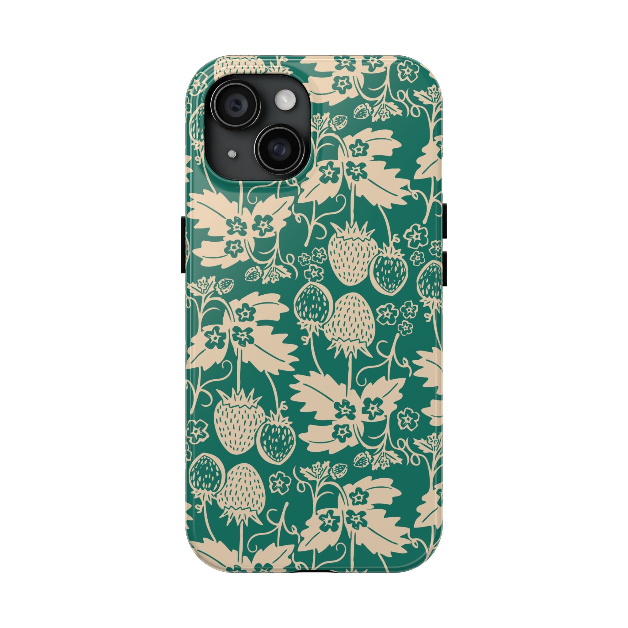Floral Strawberry Tough Phone Case — Vintage Green Botanical Protection