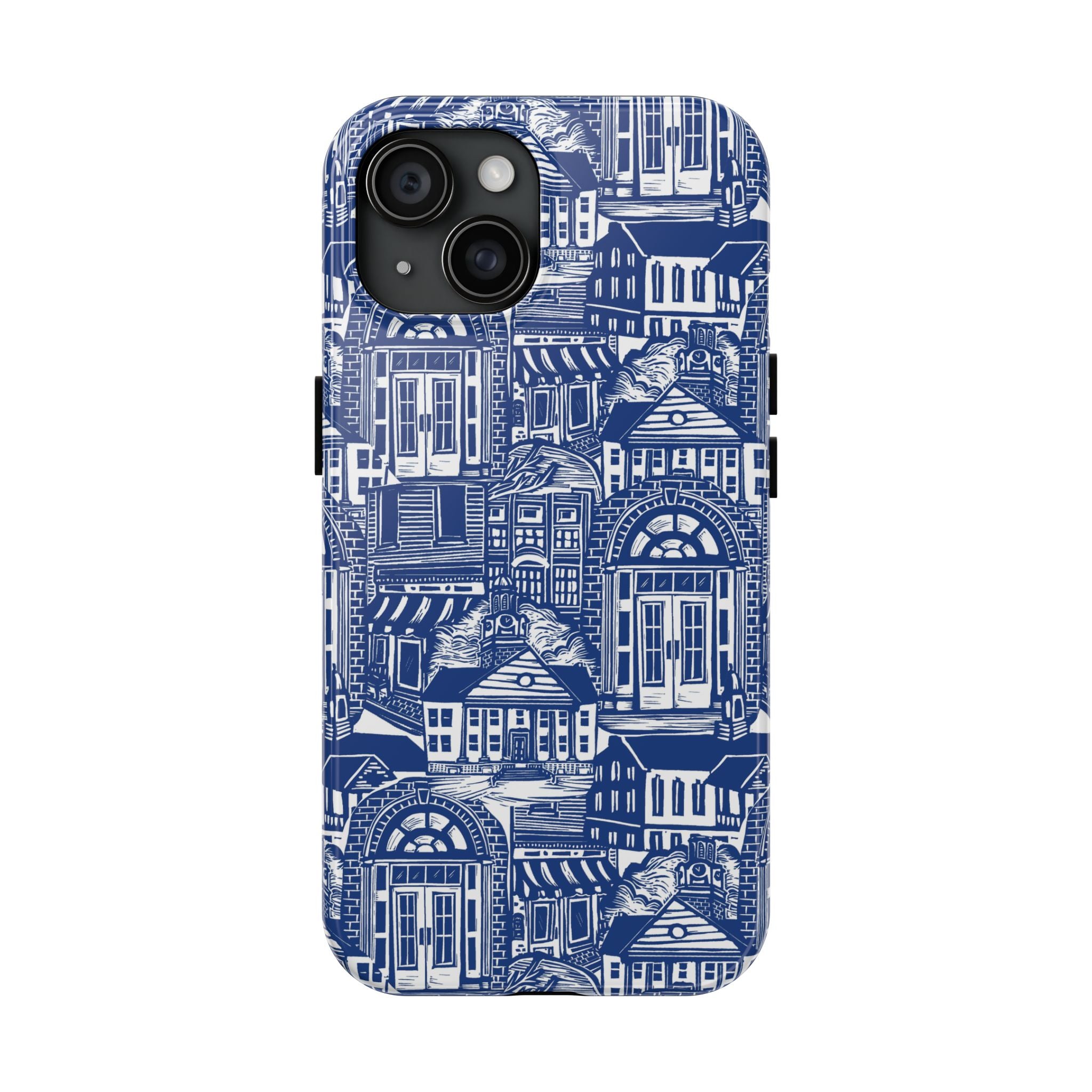 Doorway Cottage Pattern Tough Phone Case — Blue Architectural Houses Protective Cover