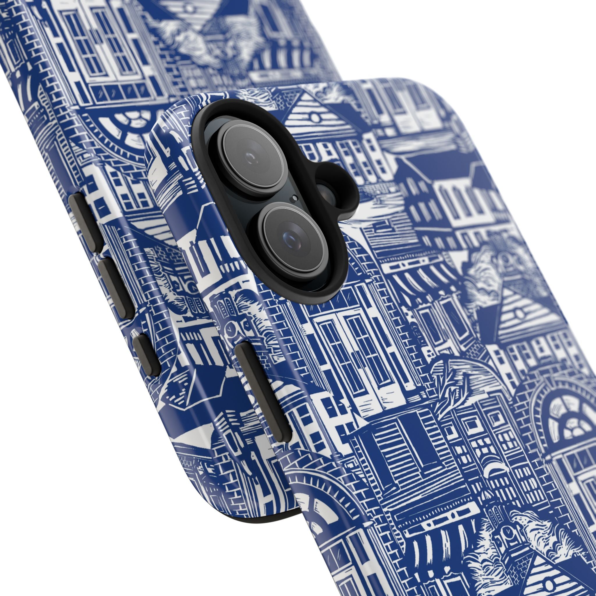 Doorway Cottage Pattern Tough Phone Case — Blue Architectural Houses Protective Cover