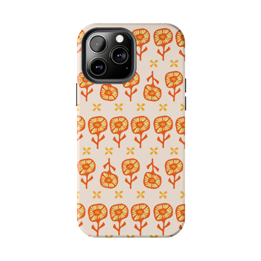 Retro Orange Floral Tough Phone Case — Durable Protective Phone Cover