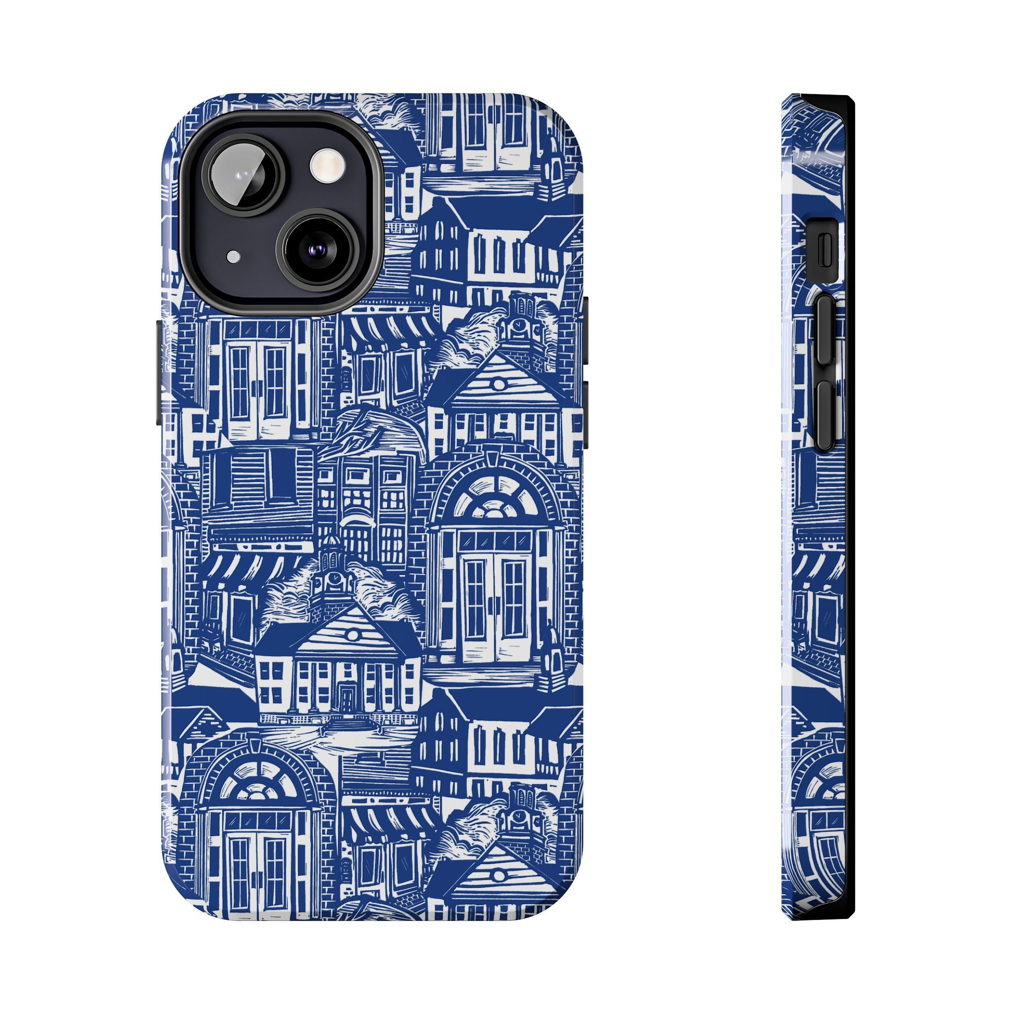 Doorway Cottage Pattern Tough Phone Case — Blue Architectural Houses Protective Cover