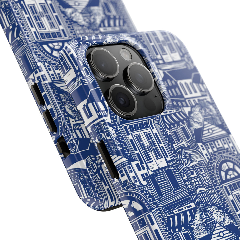 Doorway Cottage Pattern Tough Phone Case — Blue Architectural Houses Protective Cover