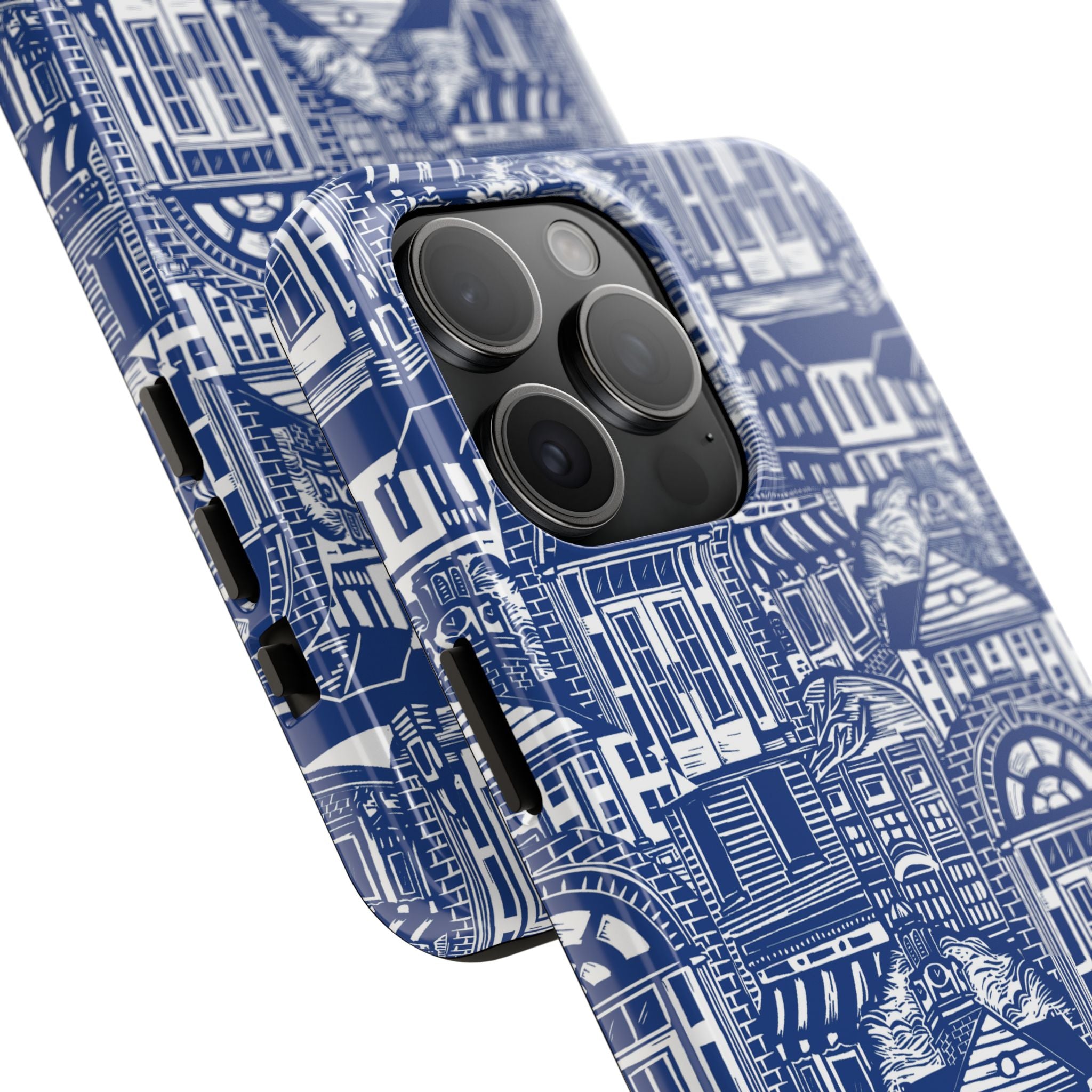 Doorway Cottage Pattern Tough Phone Case — Blue Architectural Houses Protective Cover