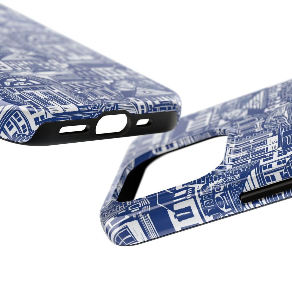 Doorway Cottage Pattern Tough Phone Case — Blue Architectural Houses Protective Cover
