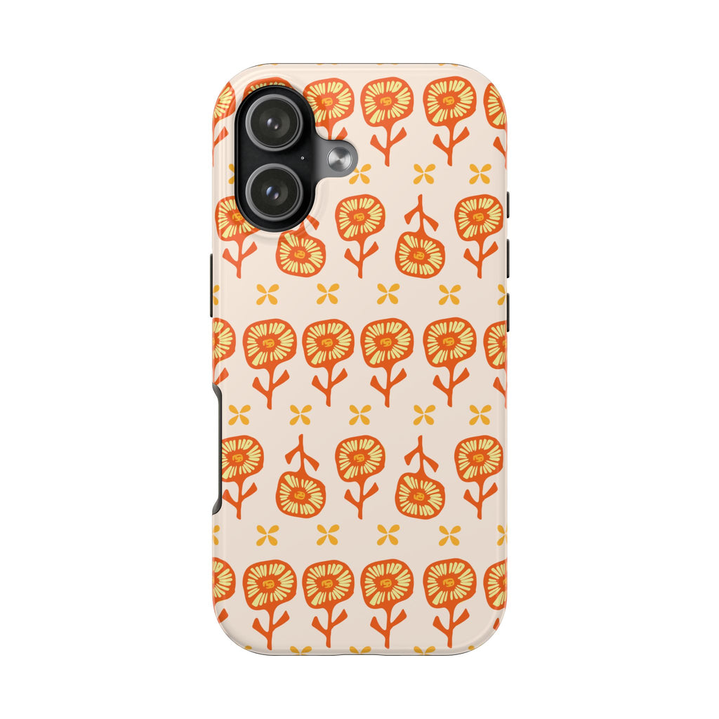Retro Orange Floral Tough Phone Case — Durable Protective Phone Cover