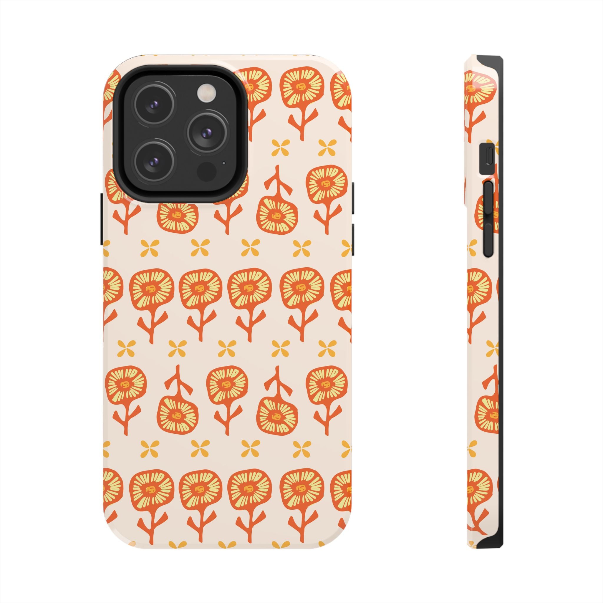 Retro Orange Floral Tough Phone Case — Durable Protective Phone Cover