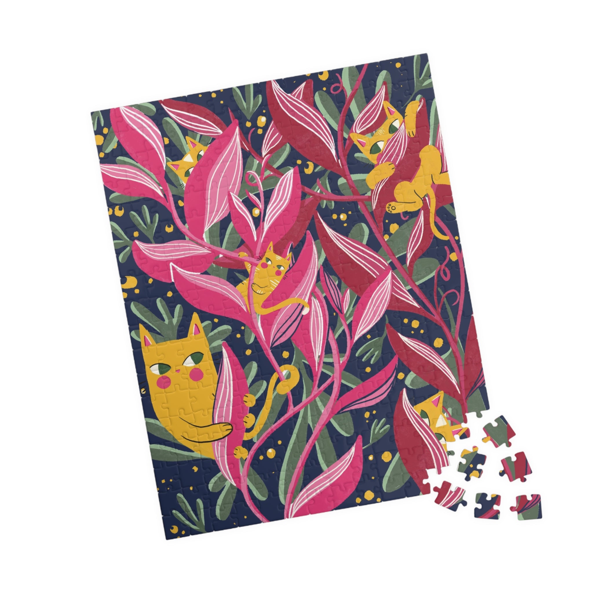 Floral Cats Jigsaw Puzzle — Vibrant Pink Leaves & Hidden Kittens (110–1014 pcs)