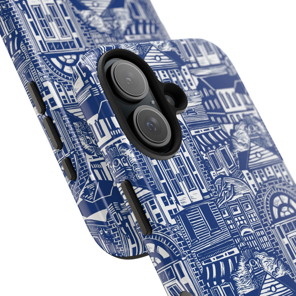 Doorway Cottage Pattern Tough Phone Case — Blue Architectural Houses Protective Cover