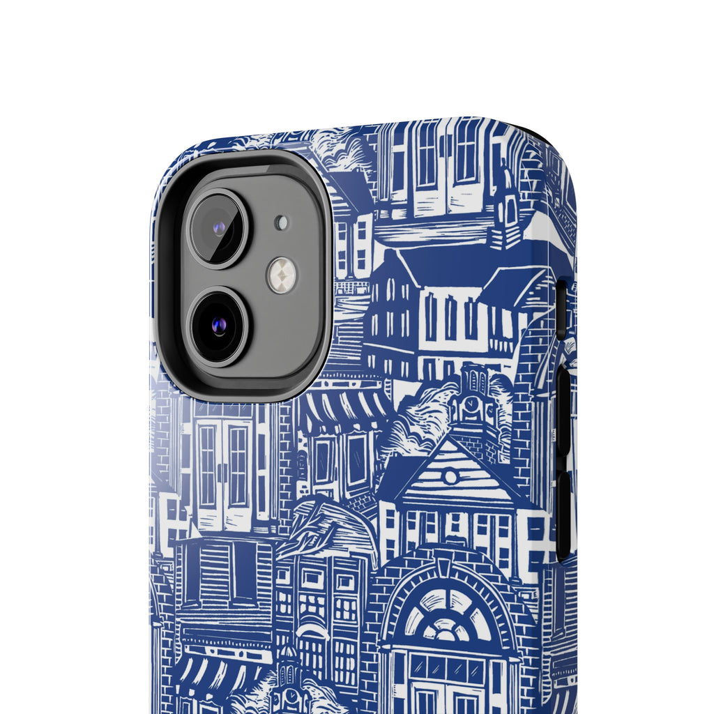 Doorway Cottage Pattern Tough Phone Case — Blue Architectural Houses Protective Cover