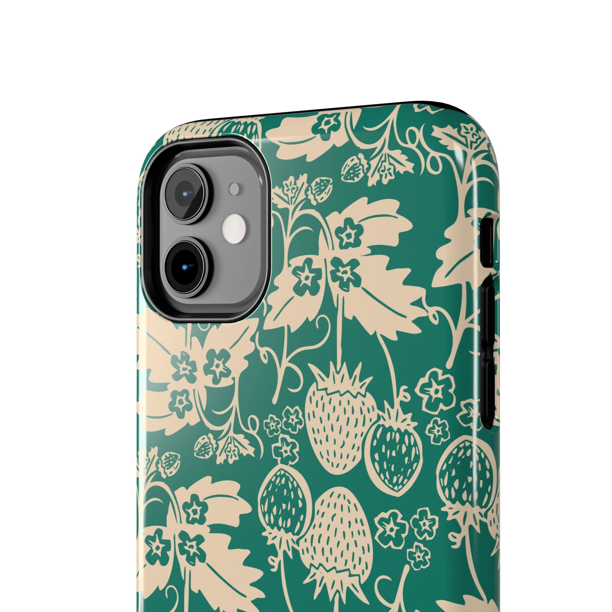 Floral Strawberry Tough Phone Case — Vintage Green Botanical Protection