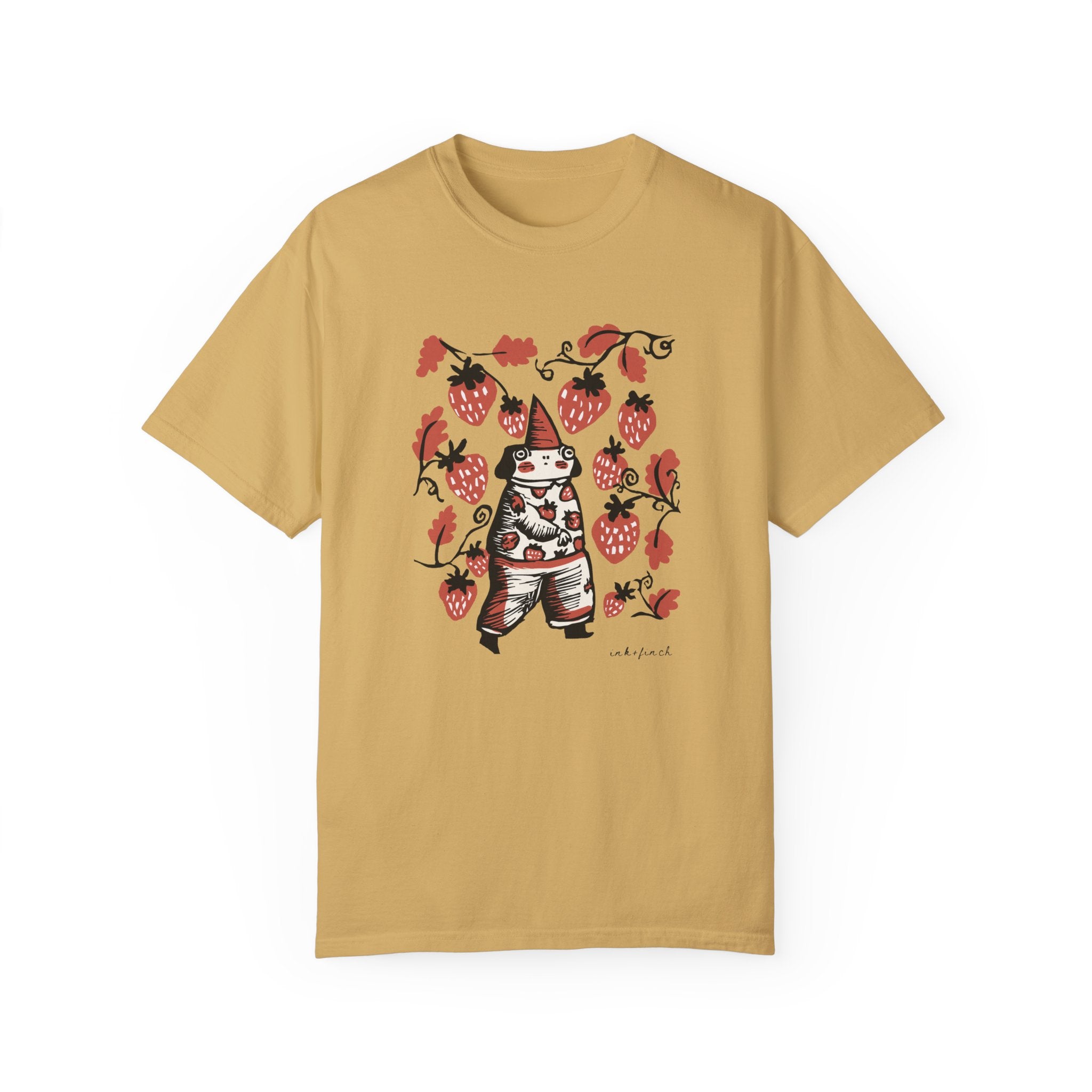 Cute Frog Gnome and Strawberry Graphic T-Shirt - Funny Goblincore Summer Tshirt