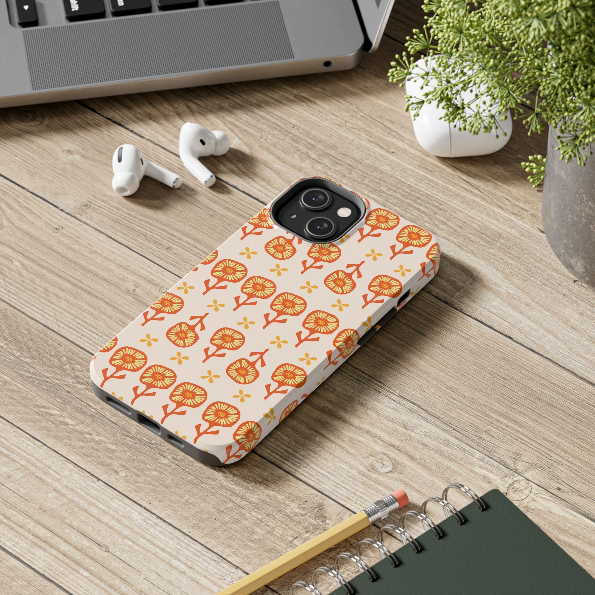 Retro Orange Floral Tough Phone Case — Durable Protective Phone Cover