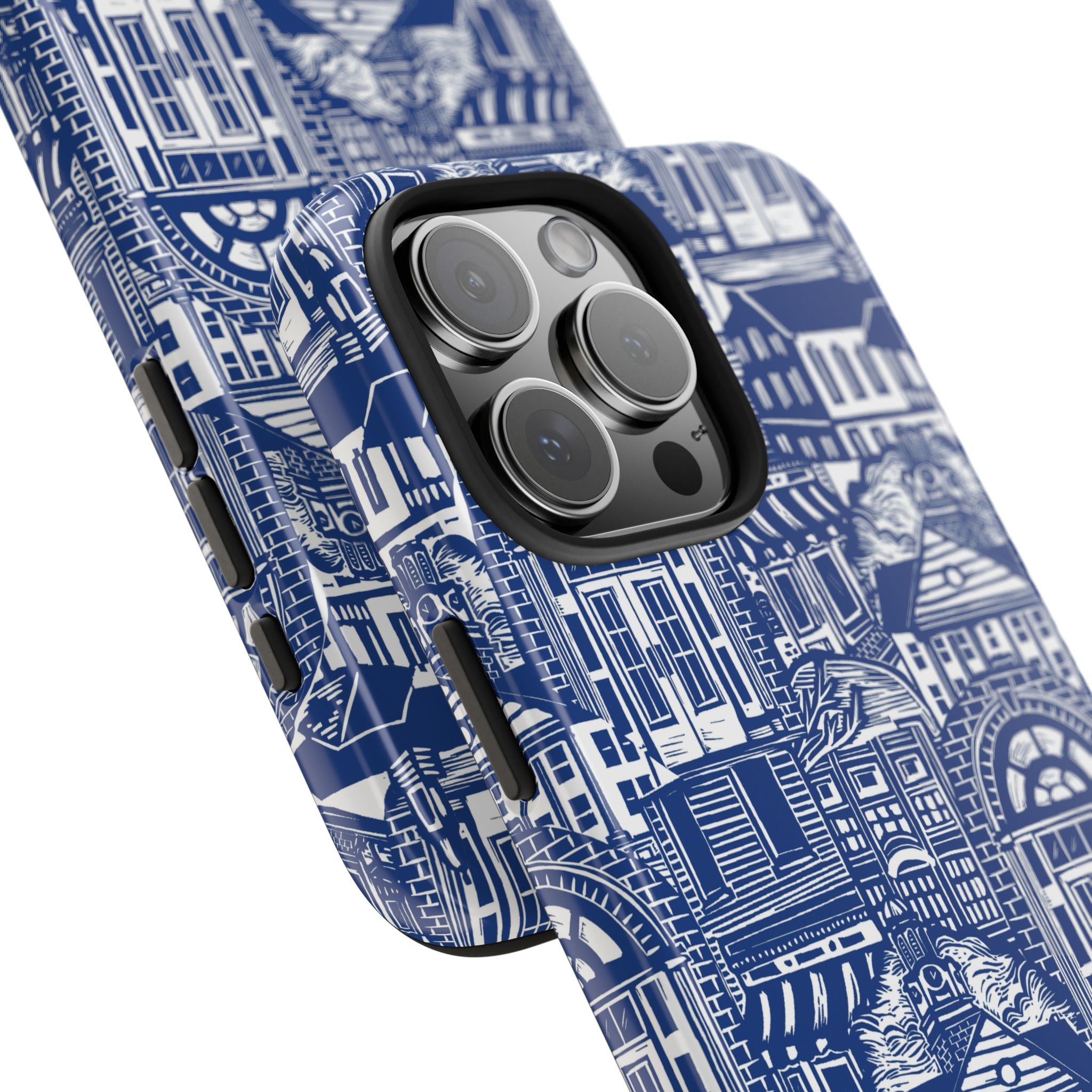 Doorway Cottage Pattern Tough Phone Case — Blue Architectural Houses Protective Cover