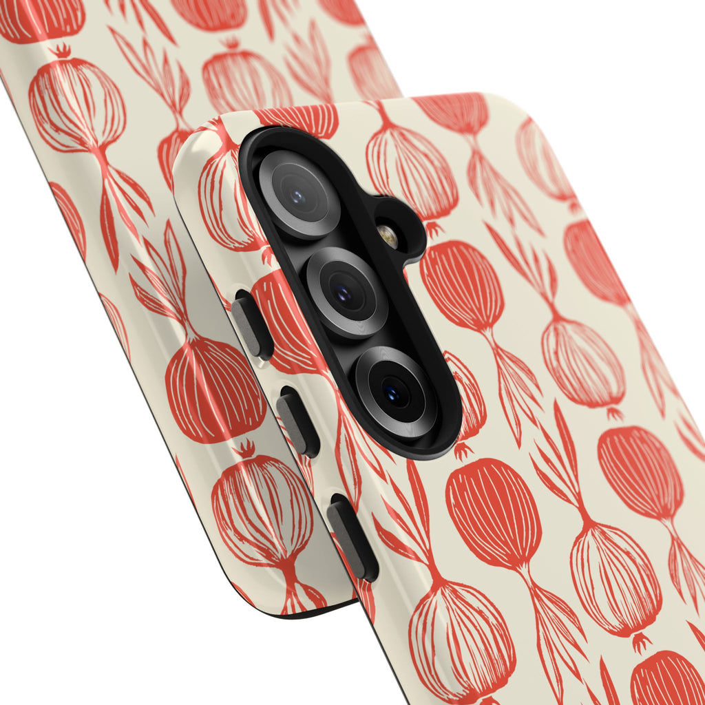Floral Onion Pattern Tough Phone Case — Red Botanical Protective Phone Cover