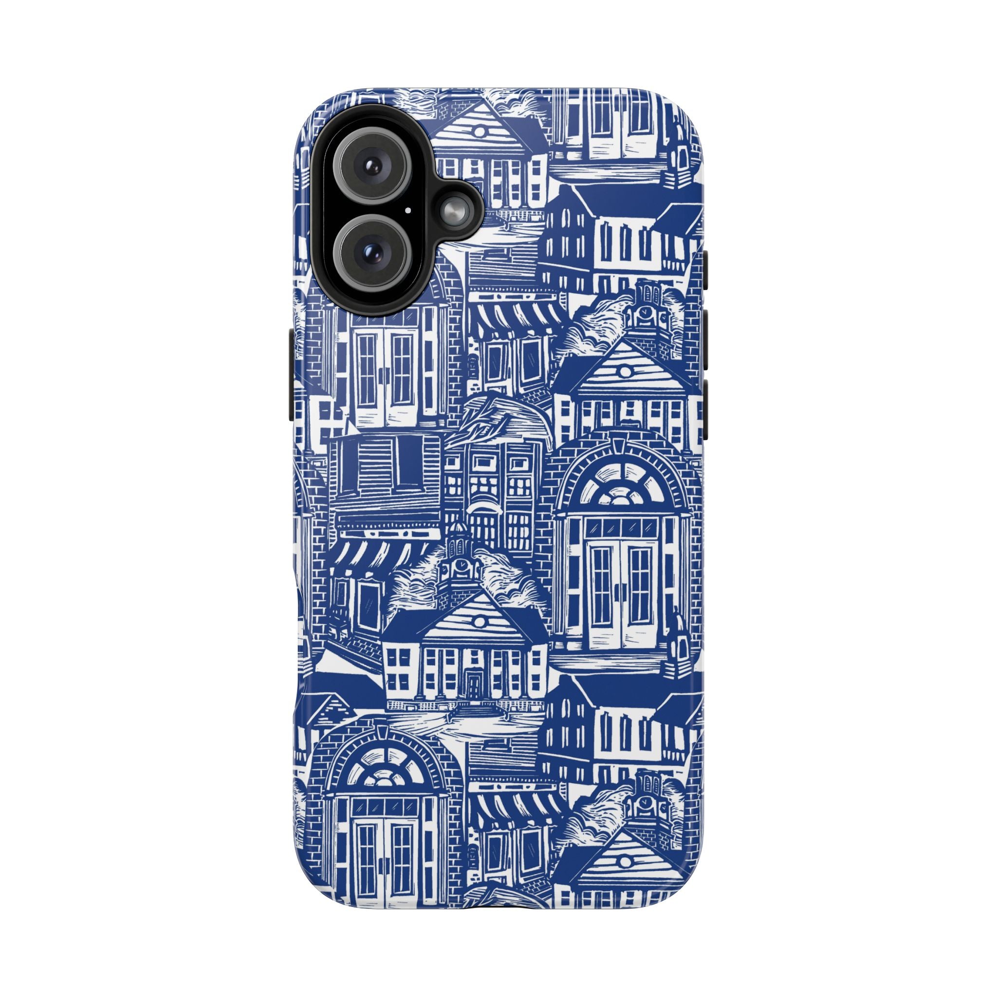 Doorway Cottage Pattern Tough Phone Case — Blue Architectural Houses Protective Cover