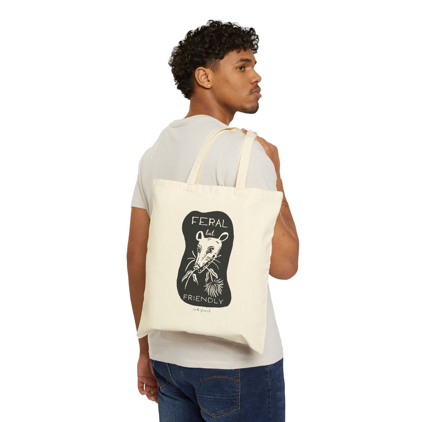 Graphic Cotton Canvas Tote Bag - Feral but Friendly Opossum Design for Feral Girl Summer - Funny Tote Bags