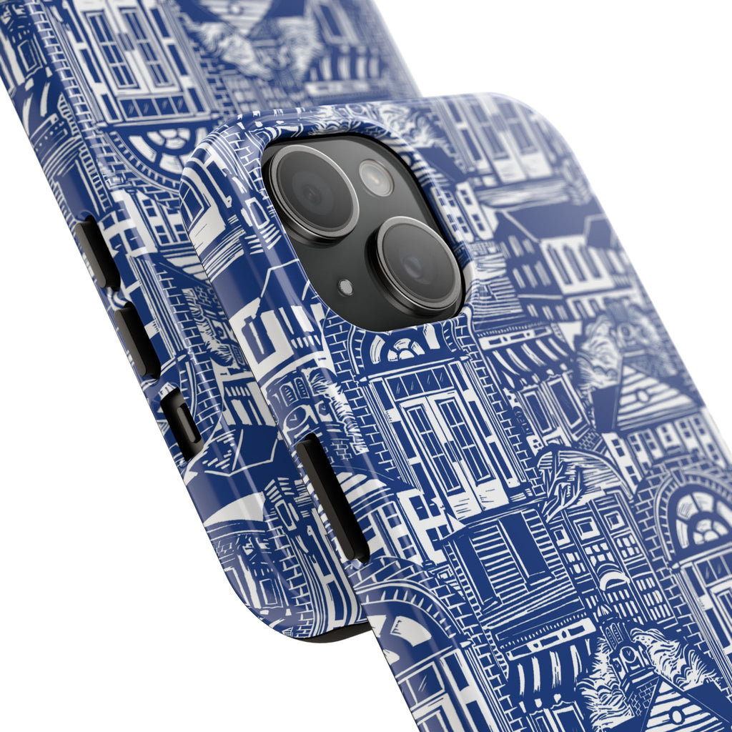 Doorway Cottage Pattern Tough Phone Case — Blue Architectural Houses Protective Cover