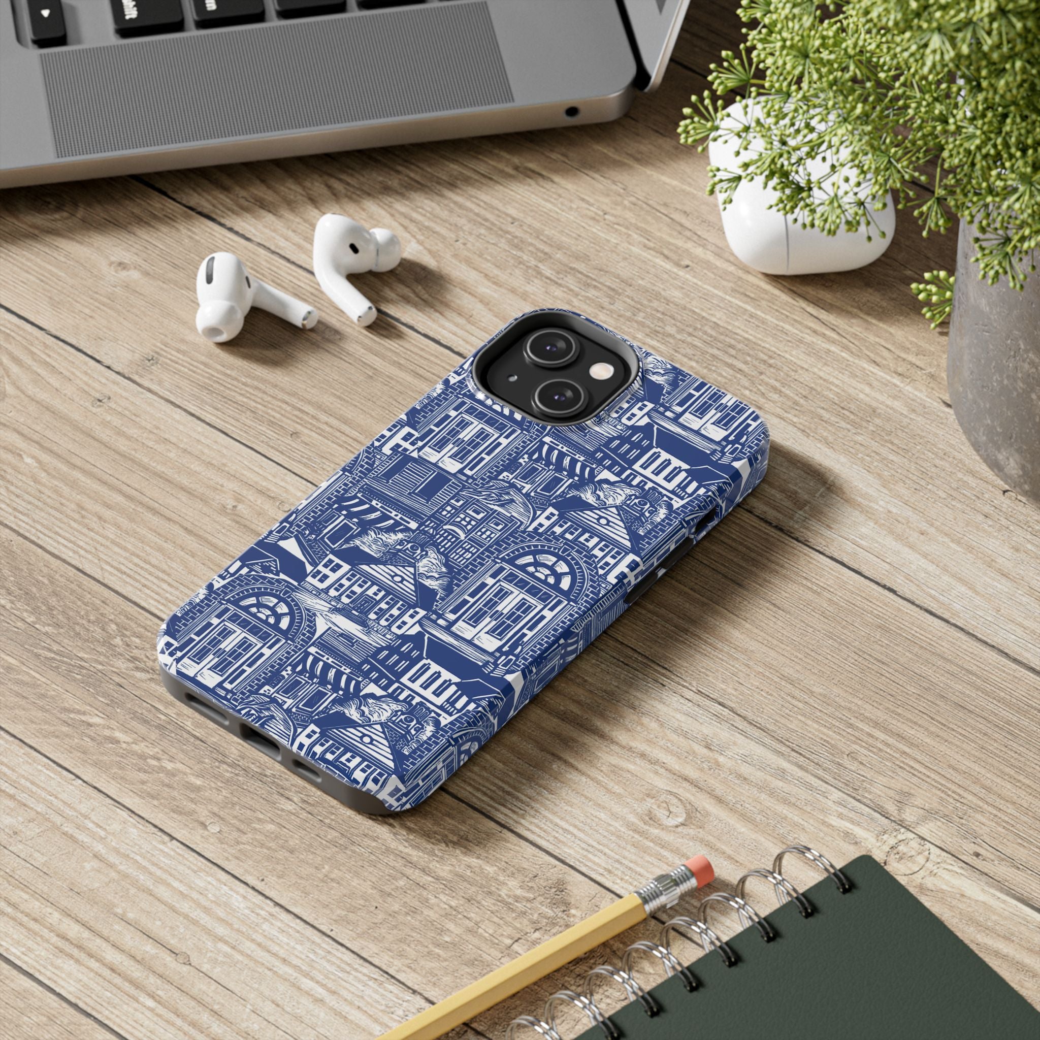 Doorway Cottage Pattern Tough Phone Case — Blue Architectural Houses Protective Cover
