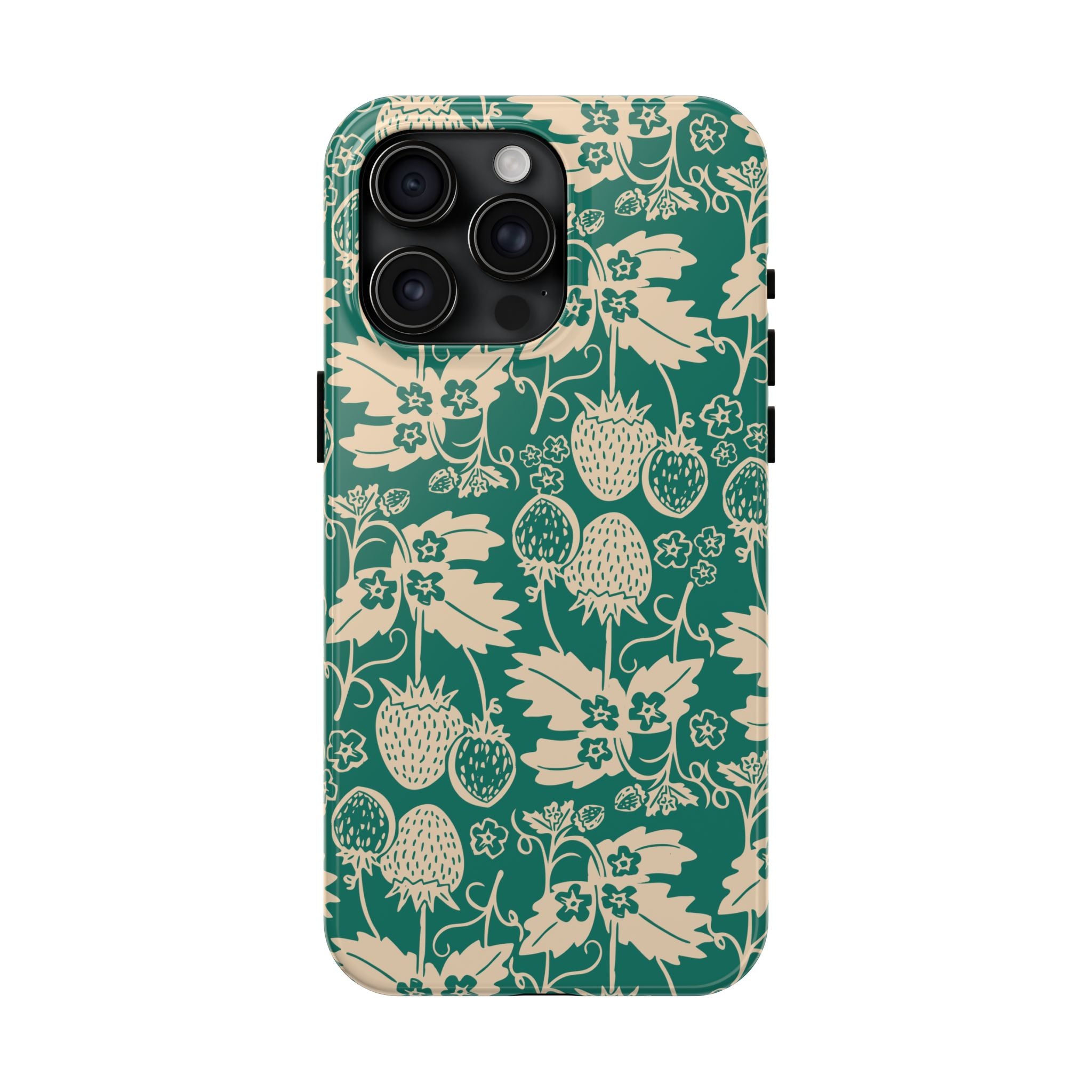 Floral Strawberry Tough Phone Case — Vintage Green Botanical Protection